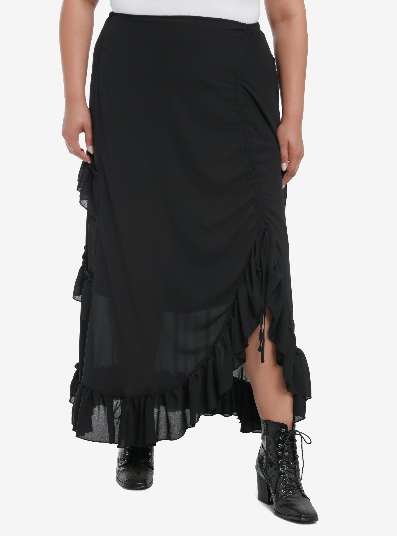 Cosmic Aura Black Tiered Ruffle Maxi Skirt Plus Size, , hi-res