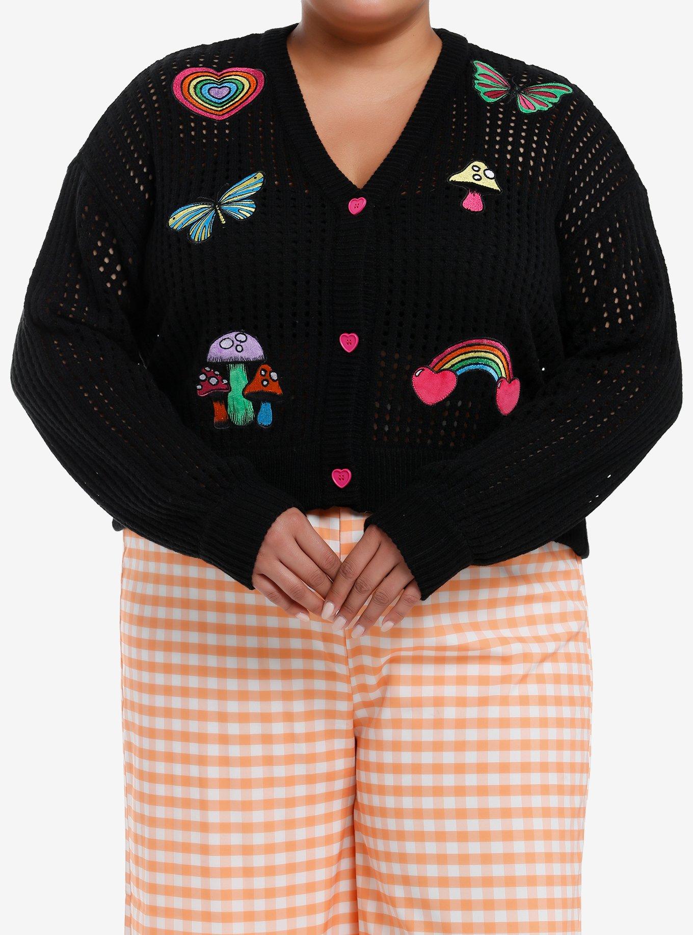 Social Collision Rainbow Icon Crop Knit Cardigan Plus Size, , hi-res