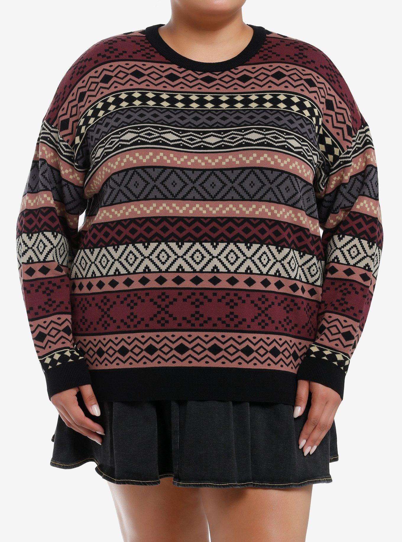Social Collision Earth-Tone Pattern Stripe Girls Sweater Plus Size, GREEN  PURPLE, hi-res