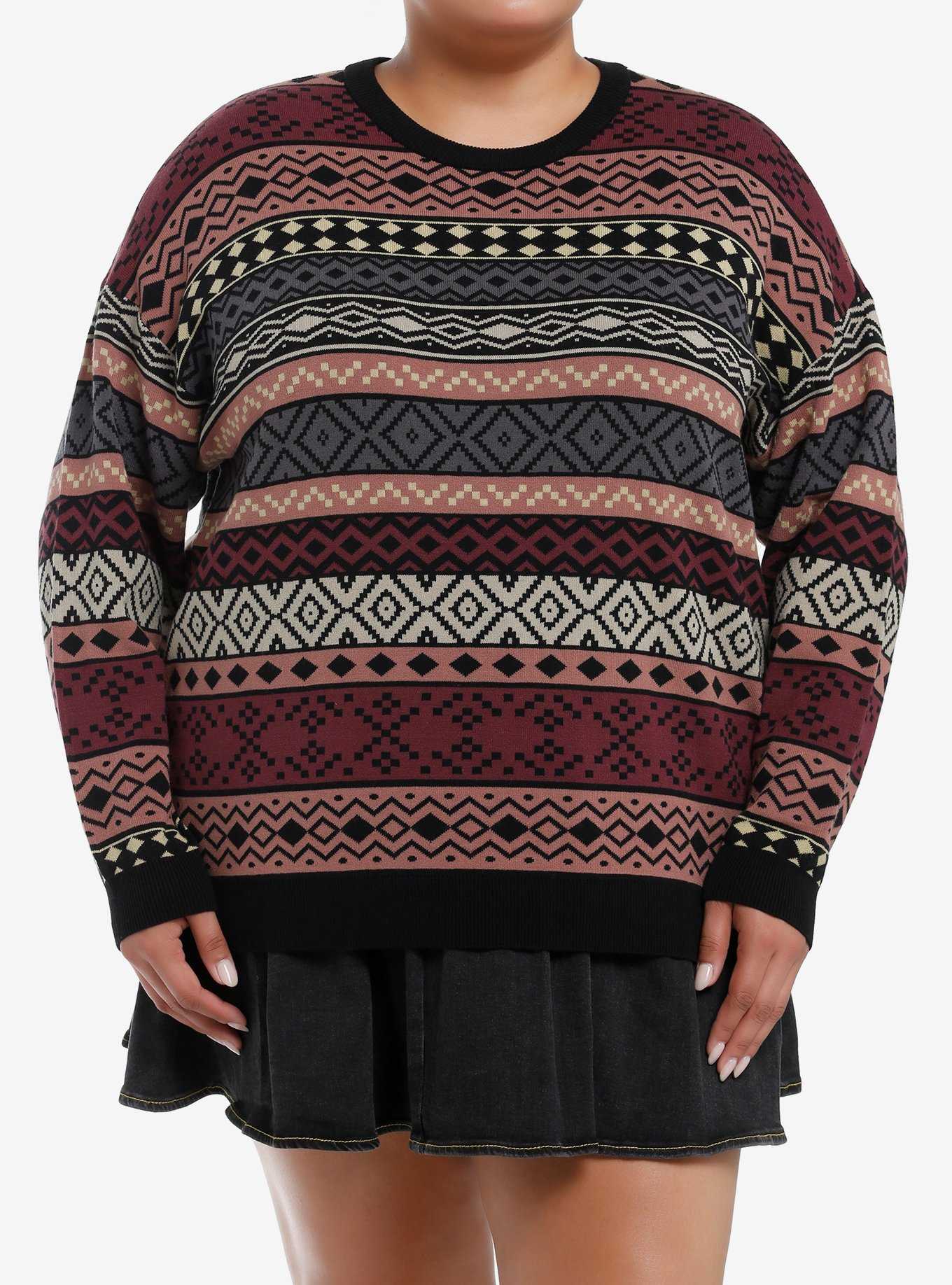 Social Collision Earth-Tone Pattern Stripe Girls Sweater Plus Size, , hi-res