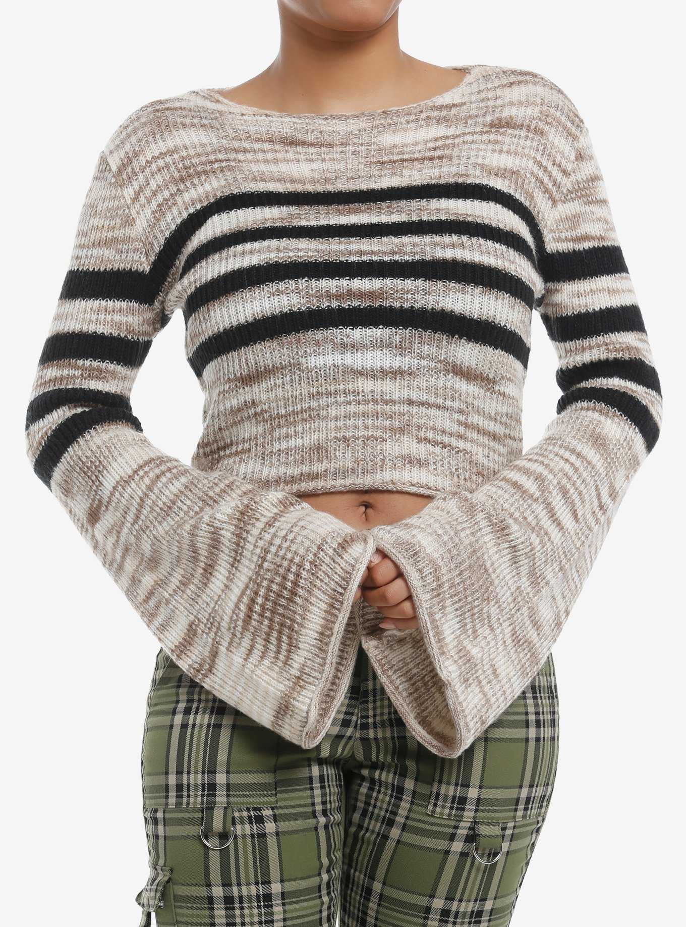 Social Collision Cream & Black Stripe Girls Crop Sweater, , hi-res