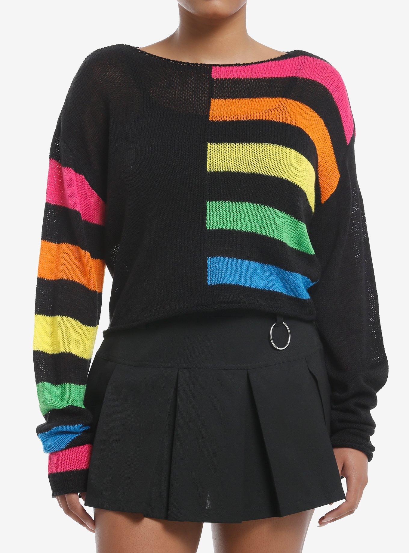 Social Collision Split Rainbow Boxy Knit Sweater, RAINBOW, hi-res