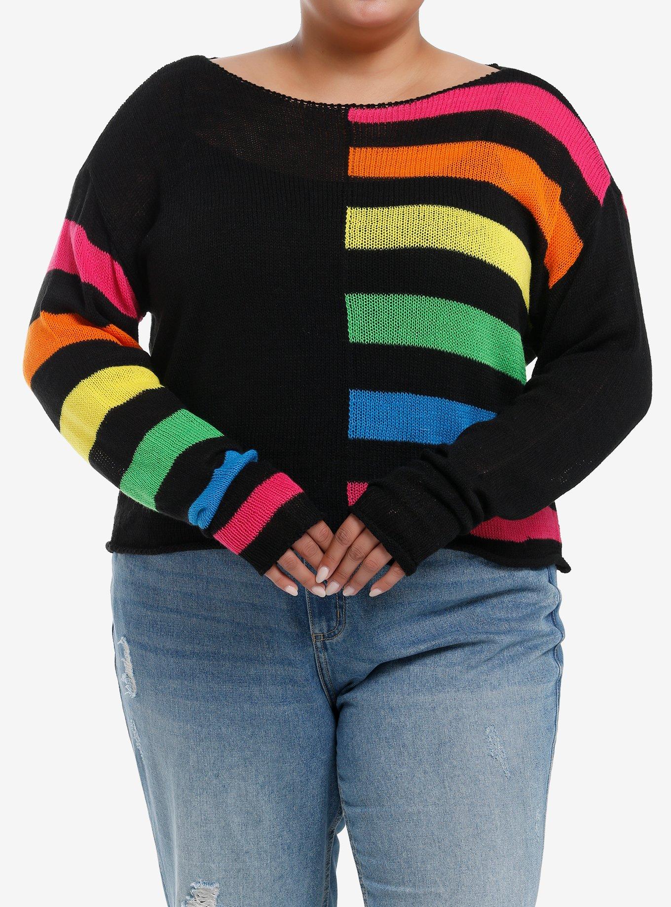 Social Collision Split Rainbow Boxy Knit Sweater Plus Size, RAINBOW, hi-res