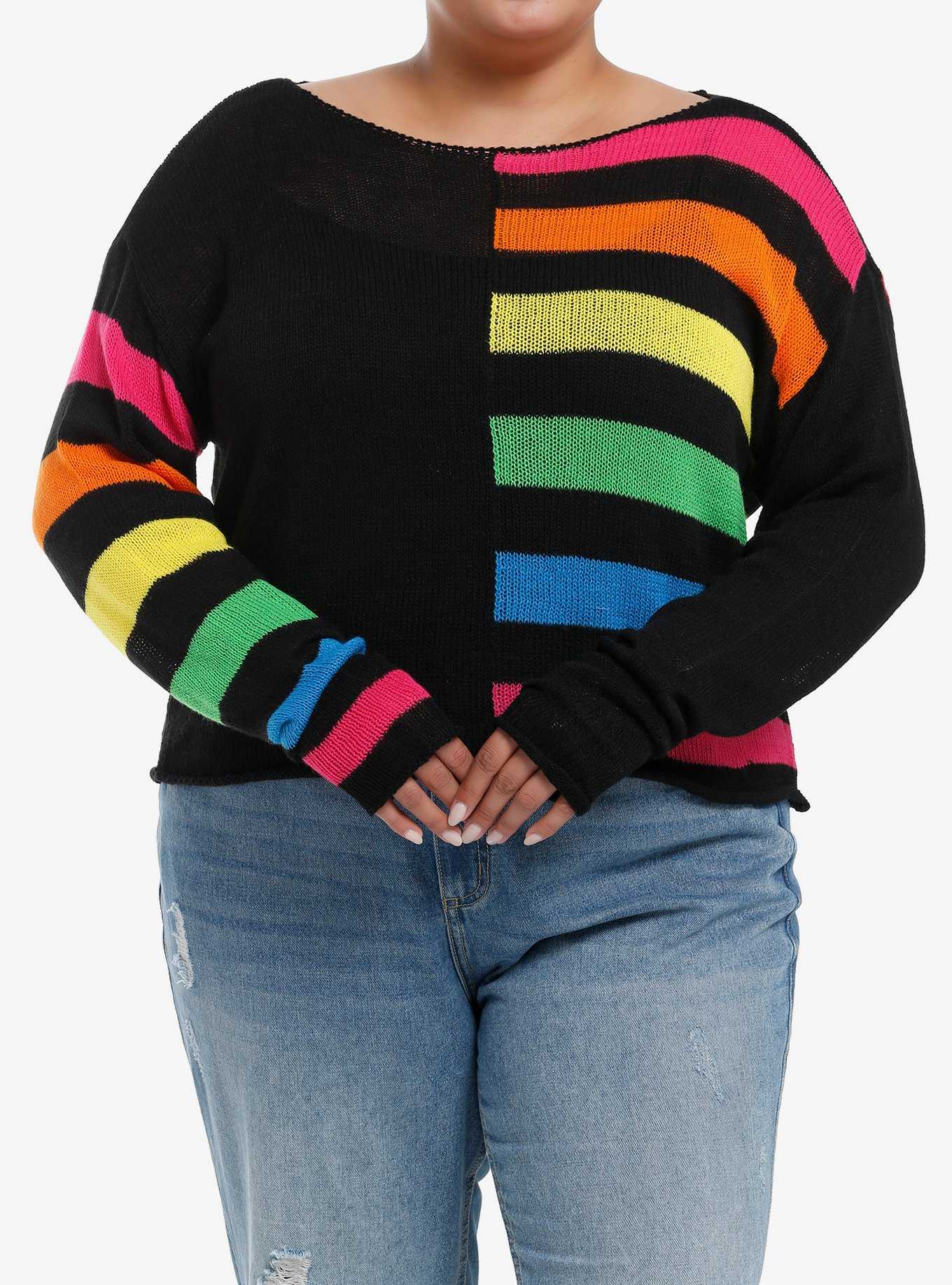 Social Collision Split Rainbow Boxy Knit Sweater Plus Size, , hi-res