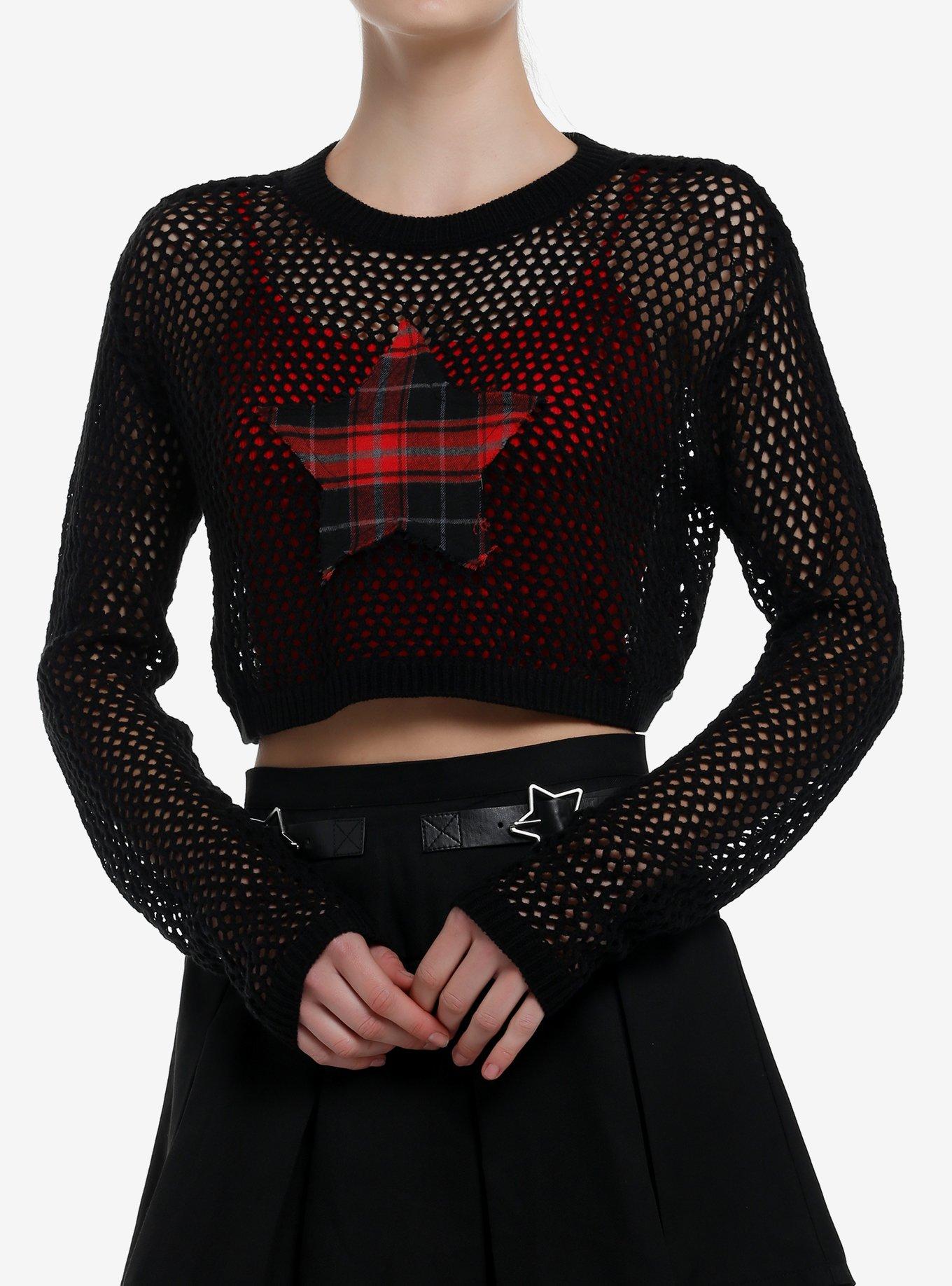 Social Collision Red Plaid Star Fishnet Girls Crop Sweater, RED, hi-res