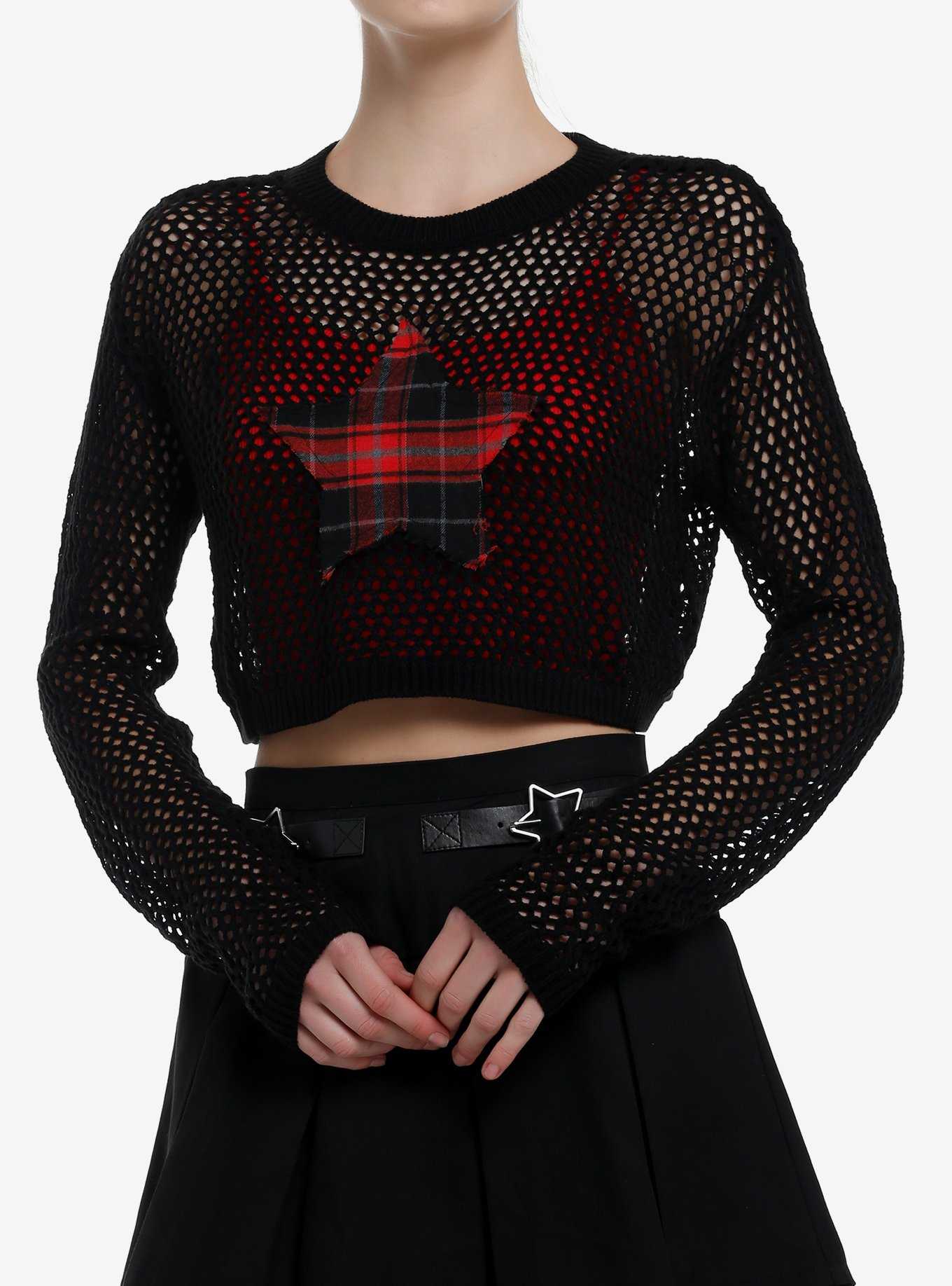 Social Collision Red Plaid Star Fishnet Girls Crop Sweater, , hi-res