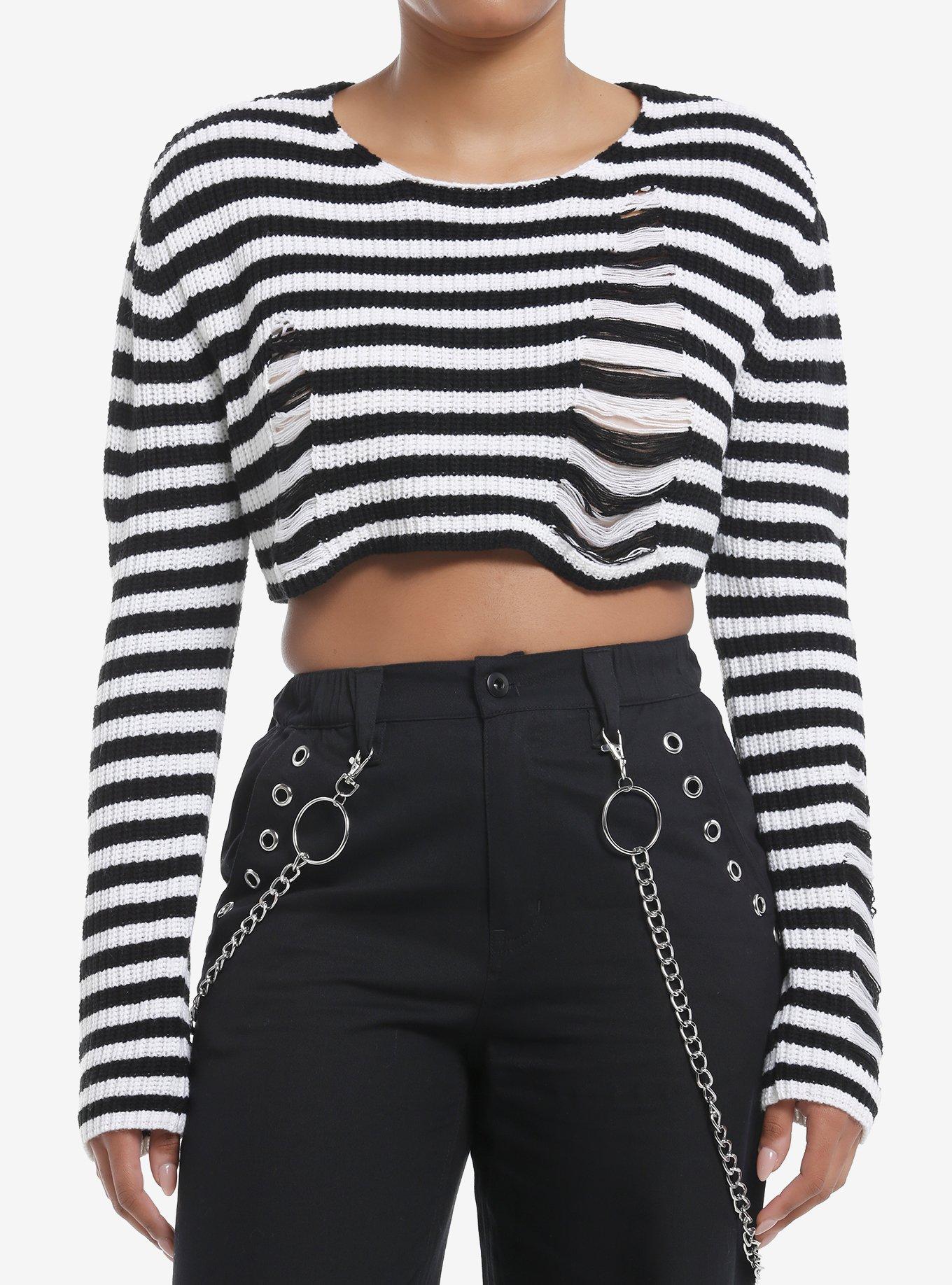 Social Collision Black & White Stripe Destructed Girls Crop Sweater, BLACK, hi-res