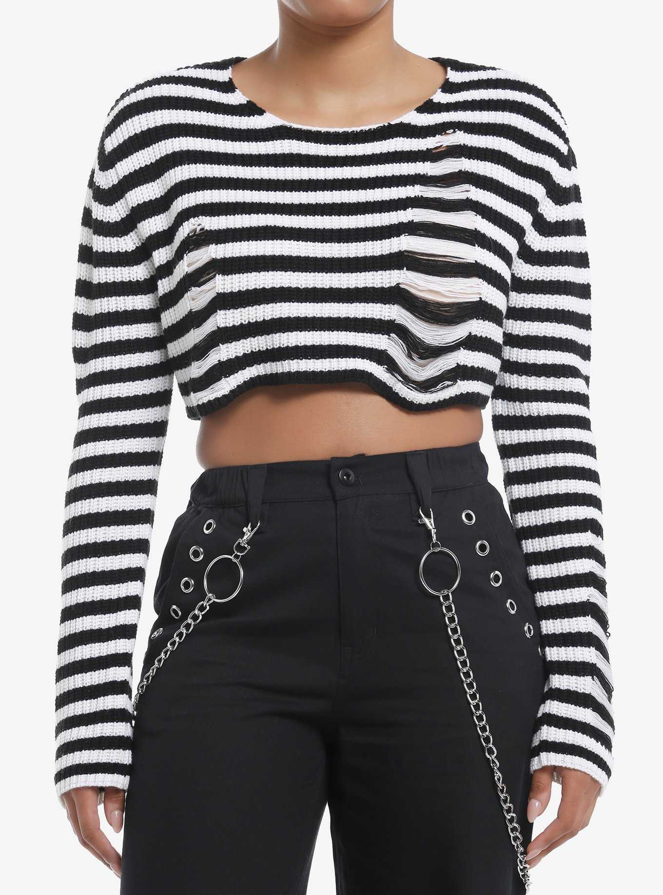 Social Collision Black & White Stripe Destructed Girls Crop Sweater, , hi-res