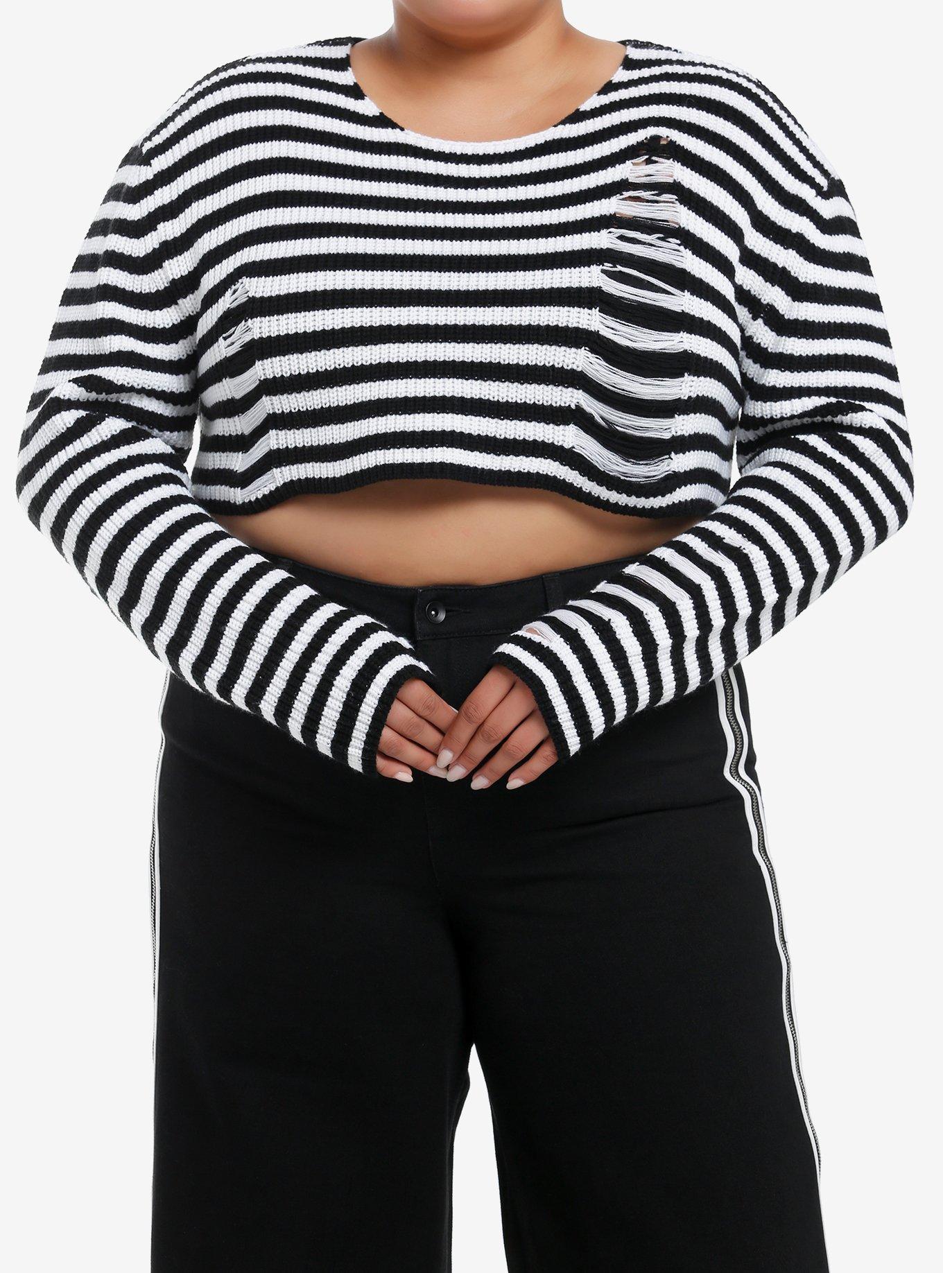 Social Collision Black & White Stripe Destructed Girls Crop Sweater Plus Size, , hi-res