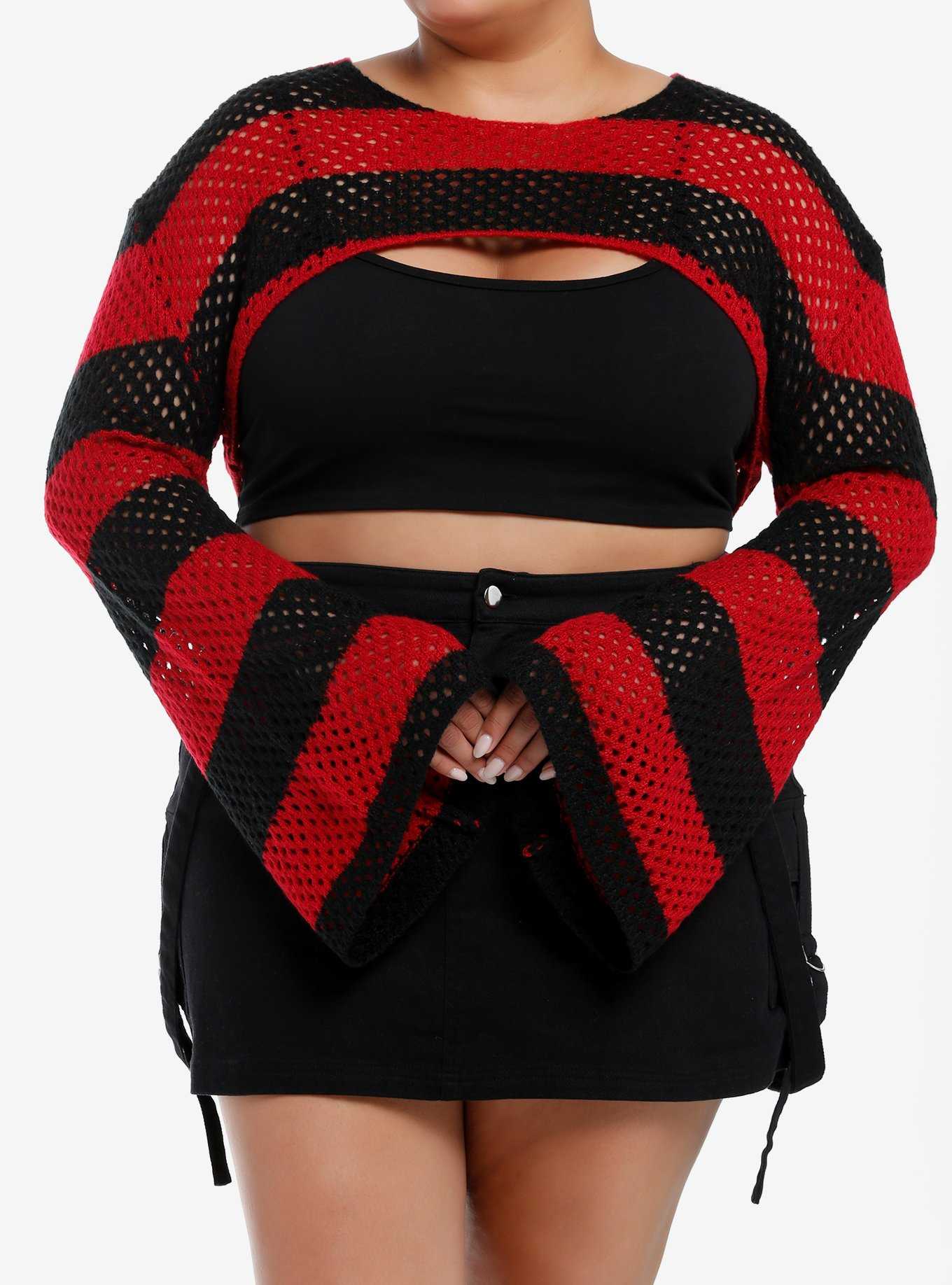 Social Collision Black & Red Stripe Bolero Girls Crop Shrug Plus Size, , hi-res