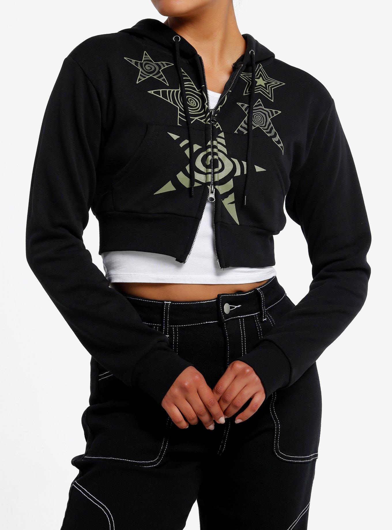 Social Collision Dizzy Green Stars Girls Crop Hoodie, GREEN, hi-res