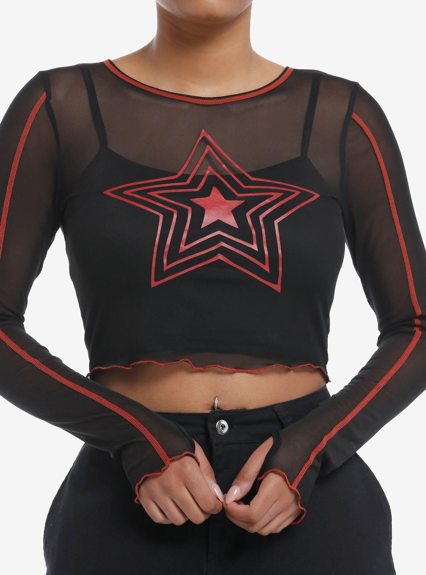 Social Collision Red Star Mesh Girls Crop Long Sleeve Twofer Hot Topic