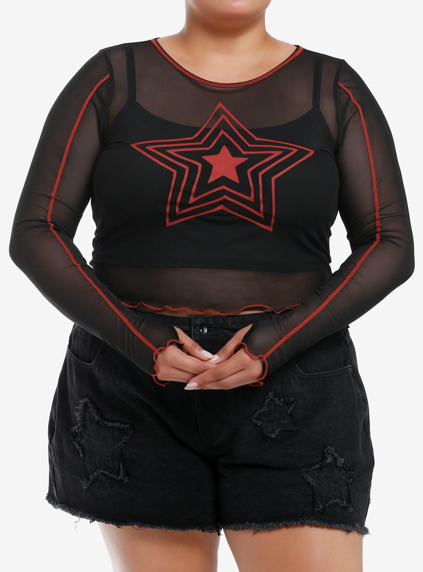 Social Collision Red Star Mesh Girls Crop Long-Sleeve Twofer Plus Size, RED, hi-res