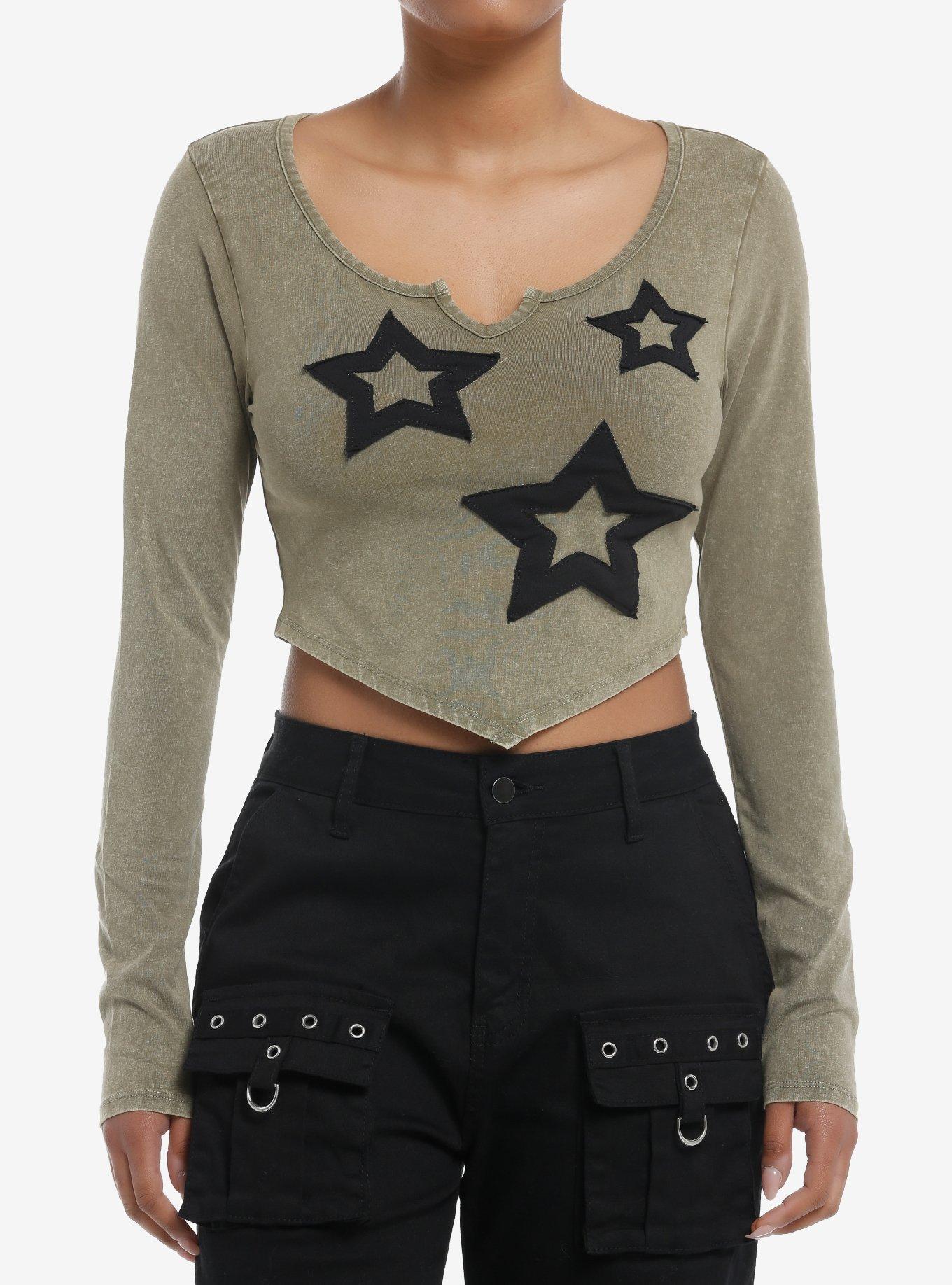 Social Collision Olive Star Patch Girls Crop Long-Sleeve Shirt, BLACK, hi-res