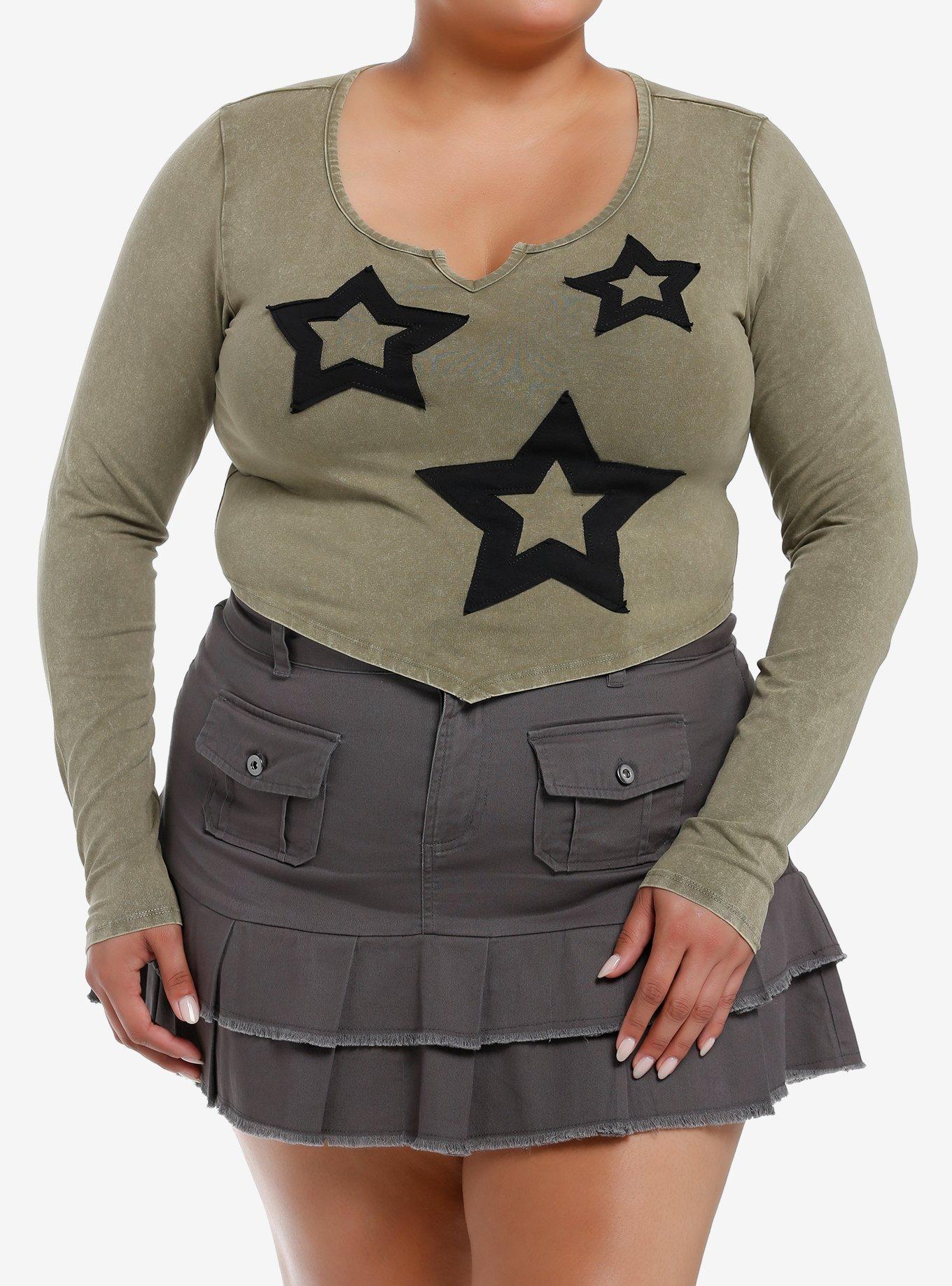 Social Collision Olive Star Patch Girls Crop Long-Sleeve Shirt Plus Size, , hi-res