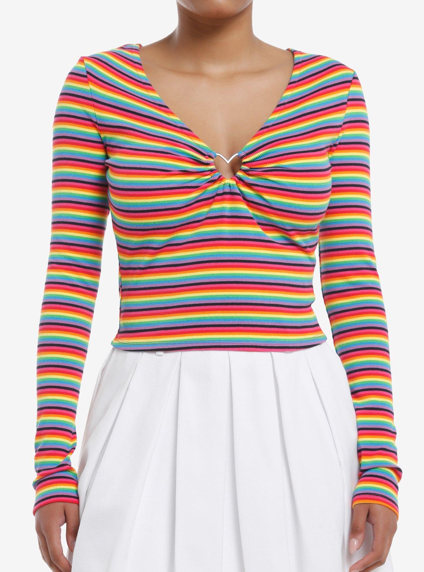 Social Collision Rainbow Heart Hardware Long-Sleeve Top, RAINBOW, hi-res