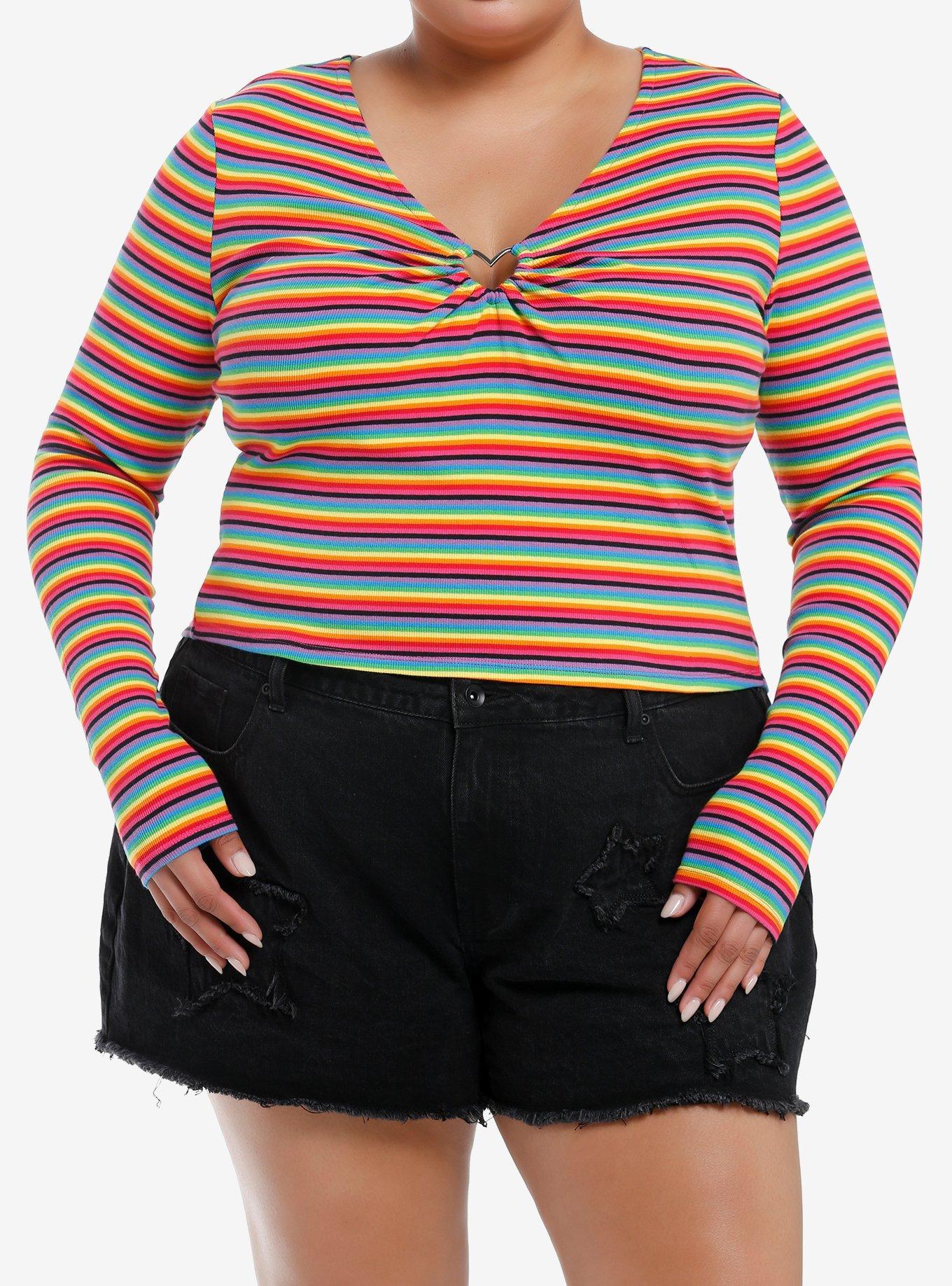 Social Collision Rainbow Heart Hardware Long-Sleeve Top Plus Size, RAINBOW, hi-res