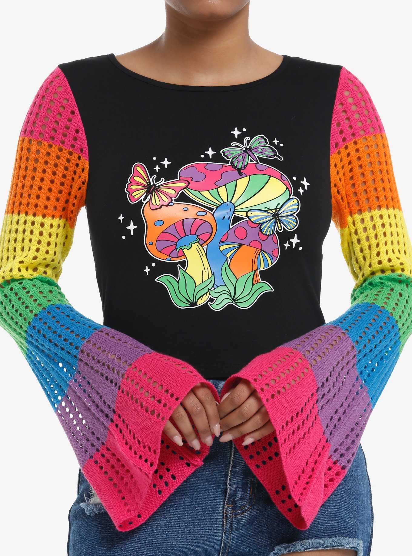 Social Collision Crochet Rainbow Mushroom Long-Sleeve Top, , hi-res