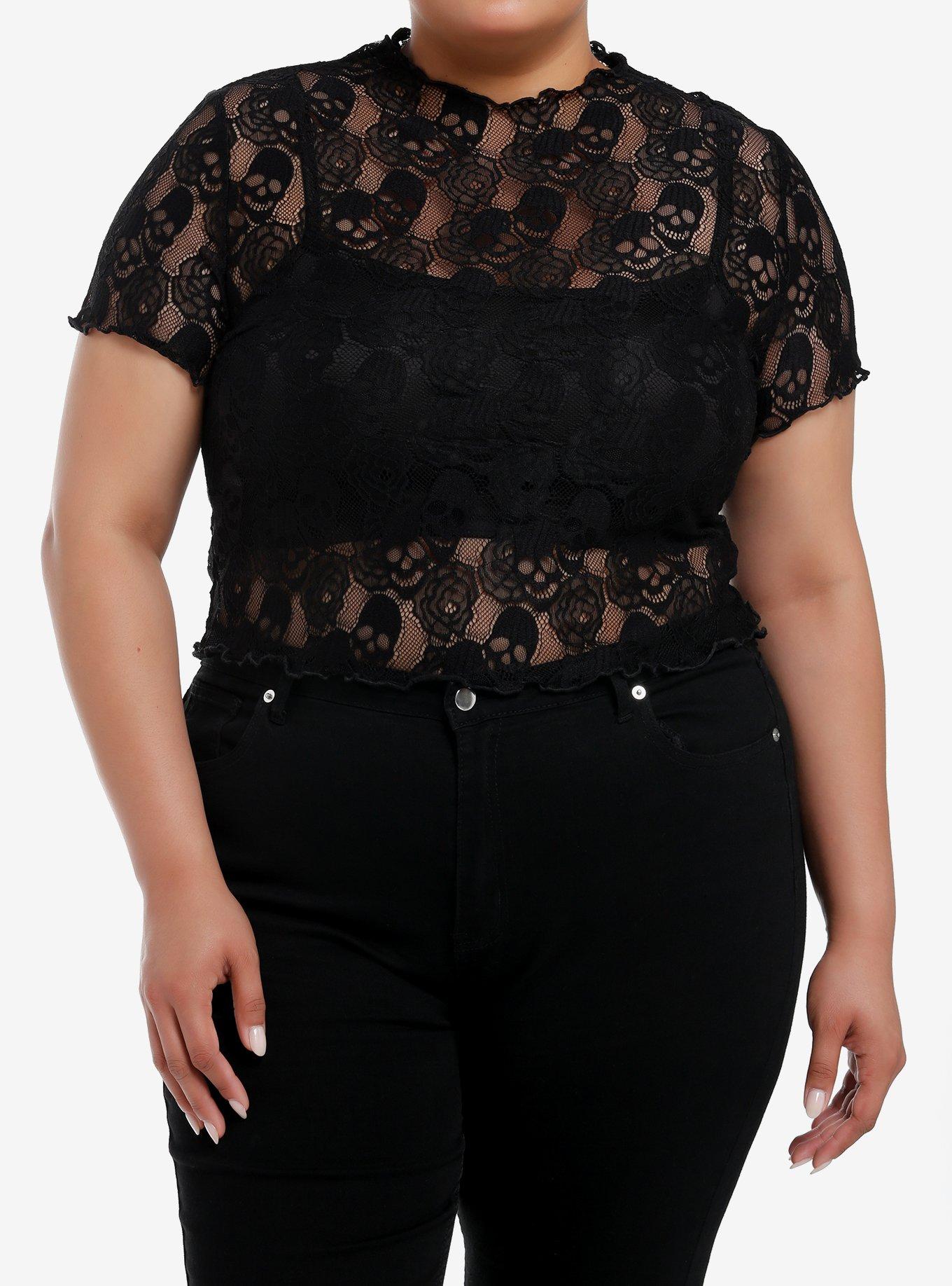 Daisy Street Black Skull Lace Girls Twofer Top Plus Size, BLACK, hi-res