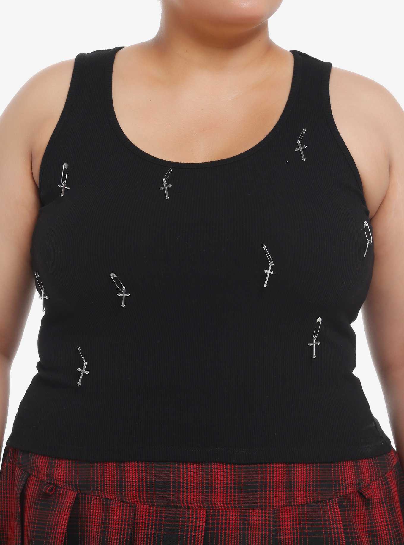 Social Collision Safety Pin Cross Charm Girls Tank Top Plus Size, , hi-res