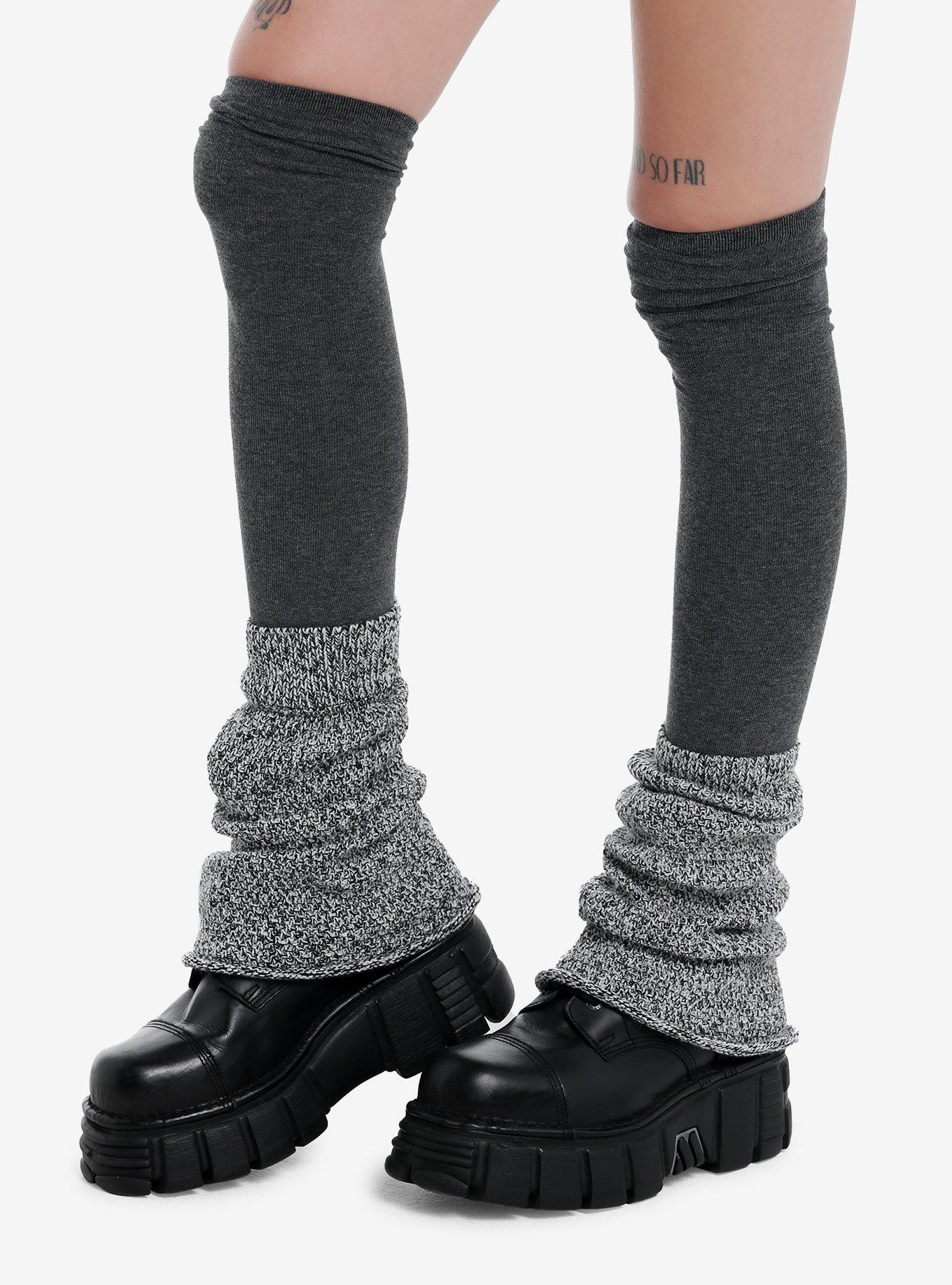 Grey Knit Layered Leg Warmers, , hi-res