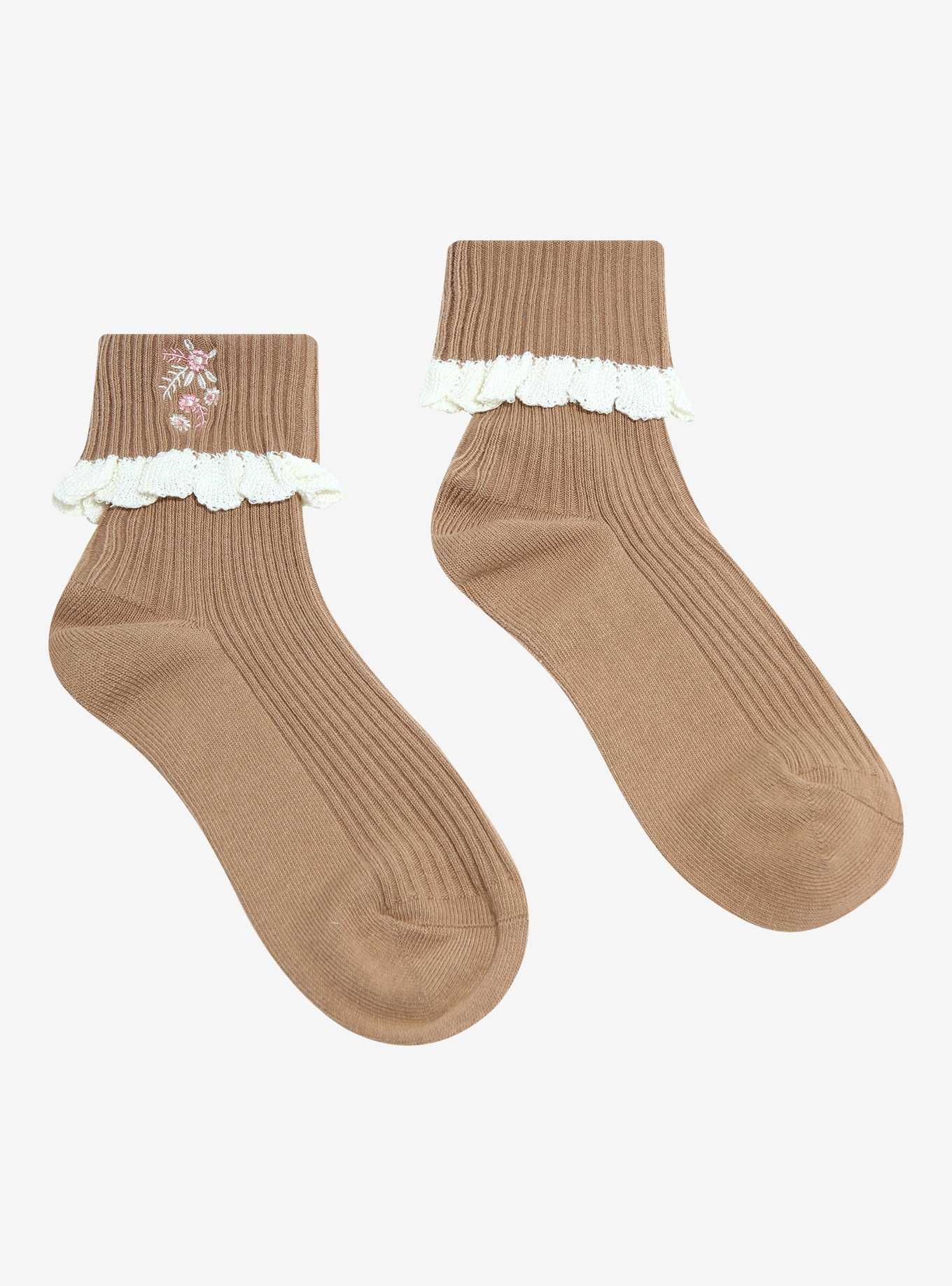Taupe Floral Lace Ankle Socks, , hi-res