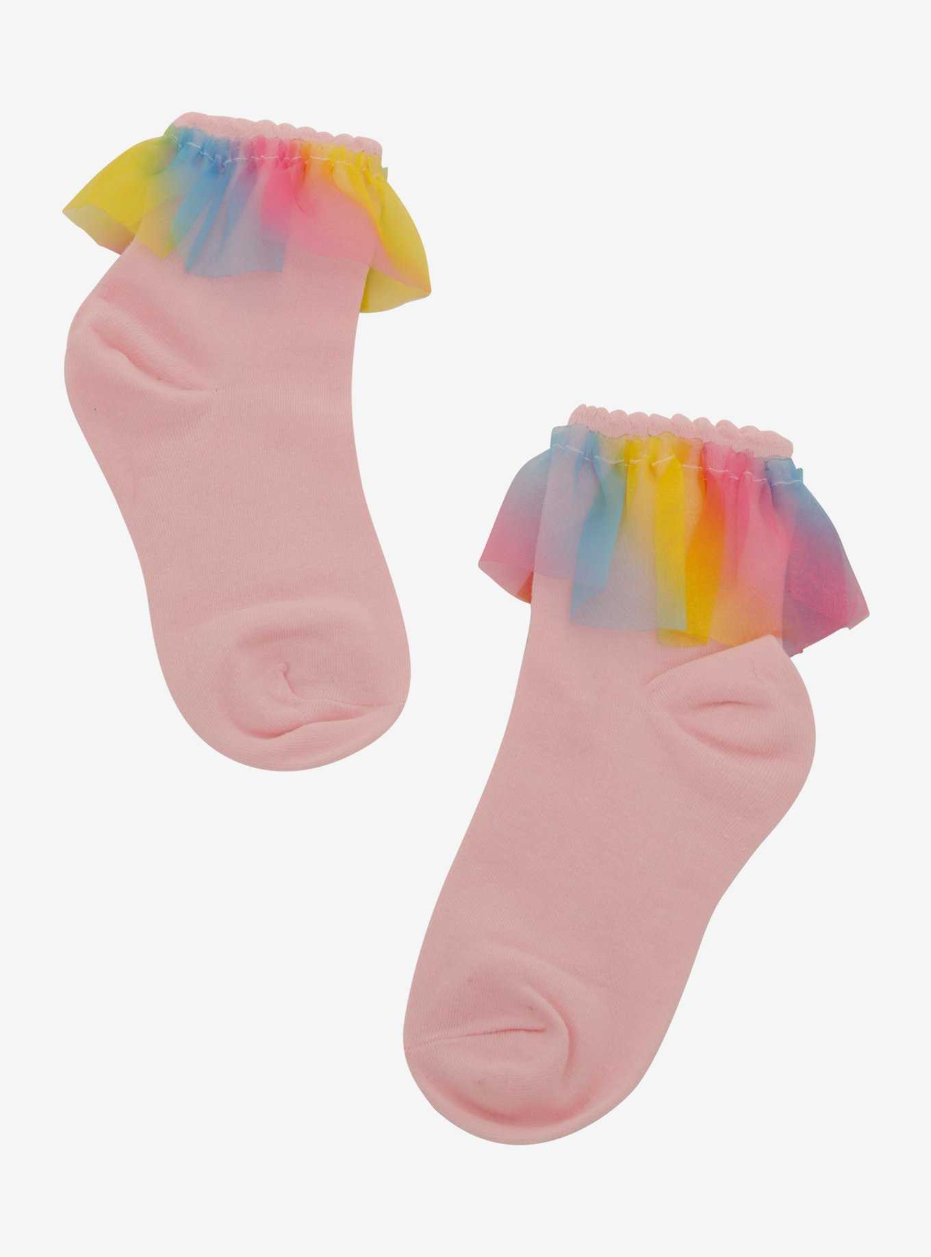 Pink Rainbow Ruffle Ankle Socks, , hi-res