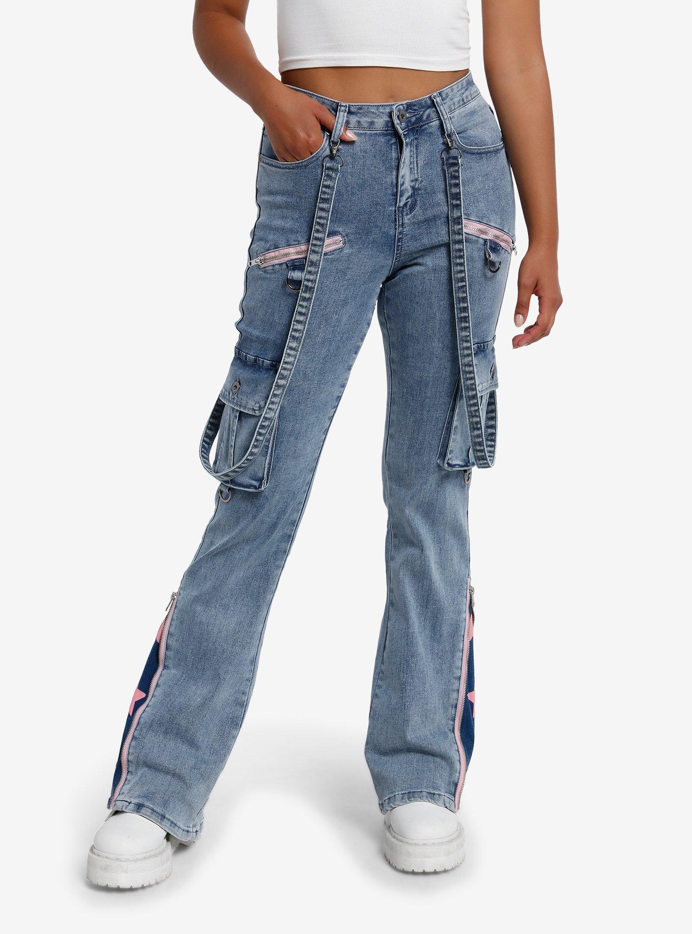 Pink Star Suspender Low Rise Jeans, PINK, hi-res