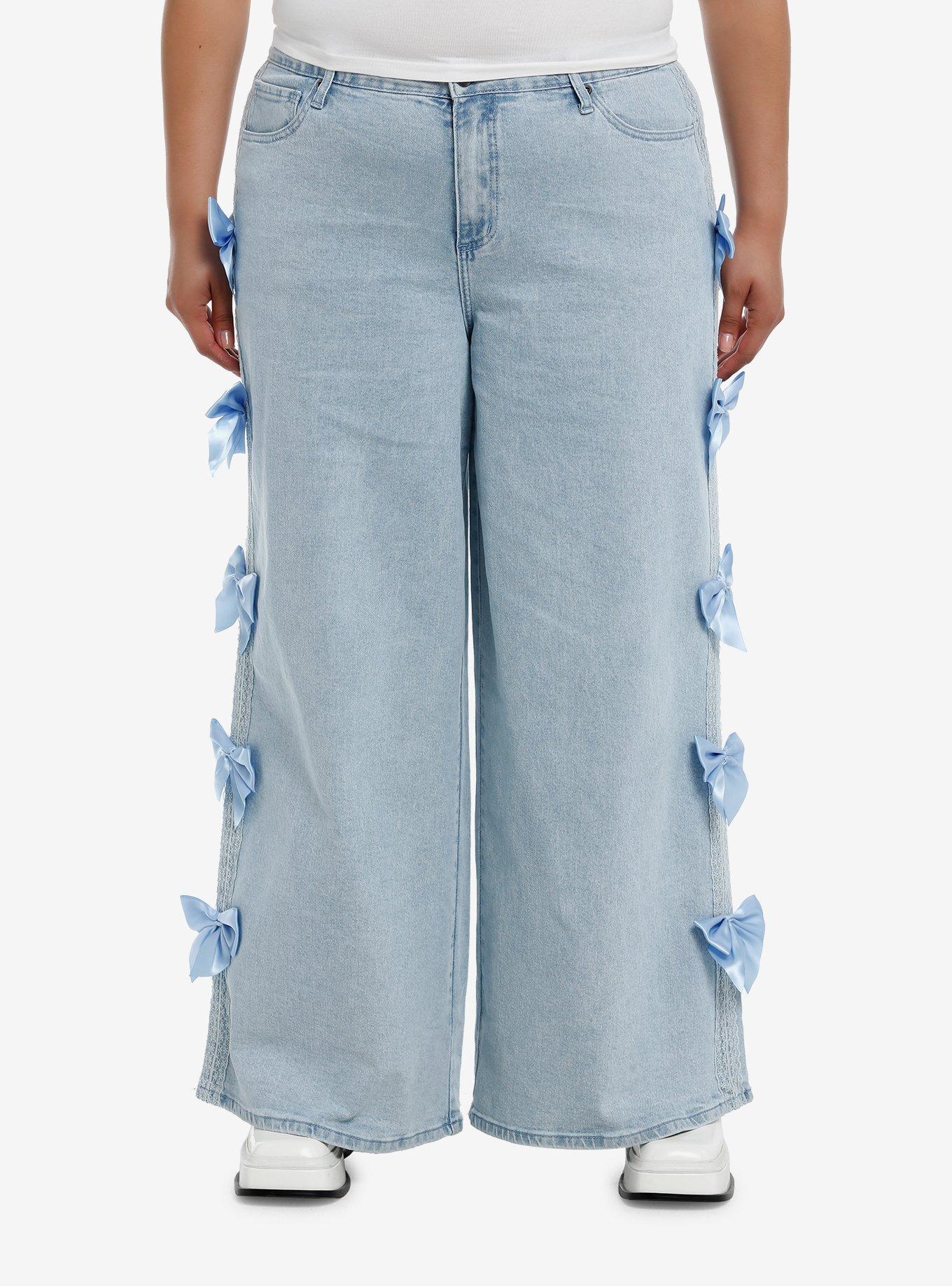 Sweet Society Light Indigo Blue Bow Wide Leg Jeans Plus Size, , hi-res