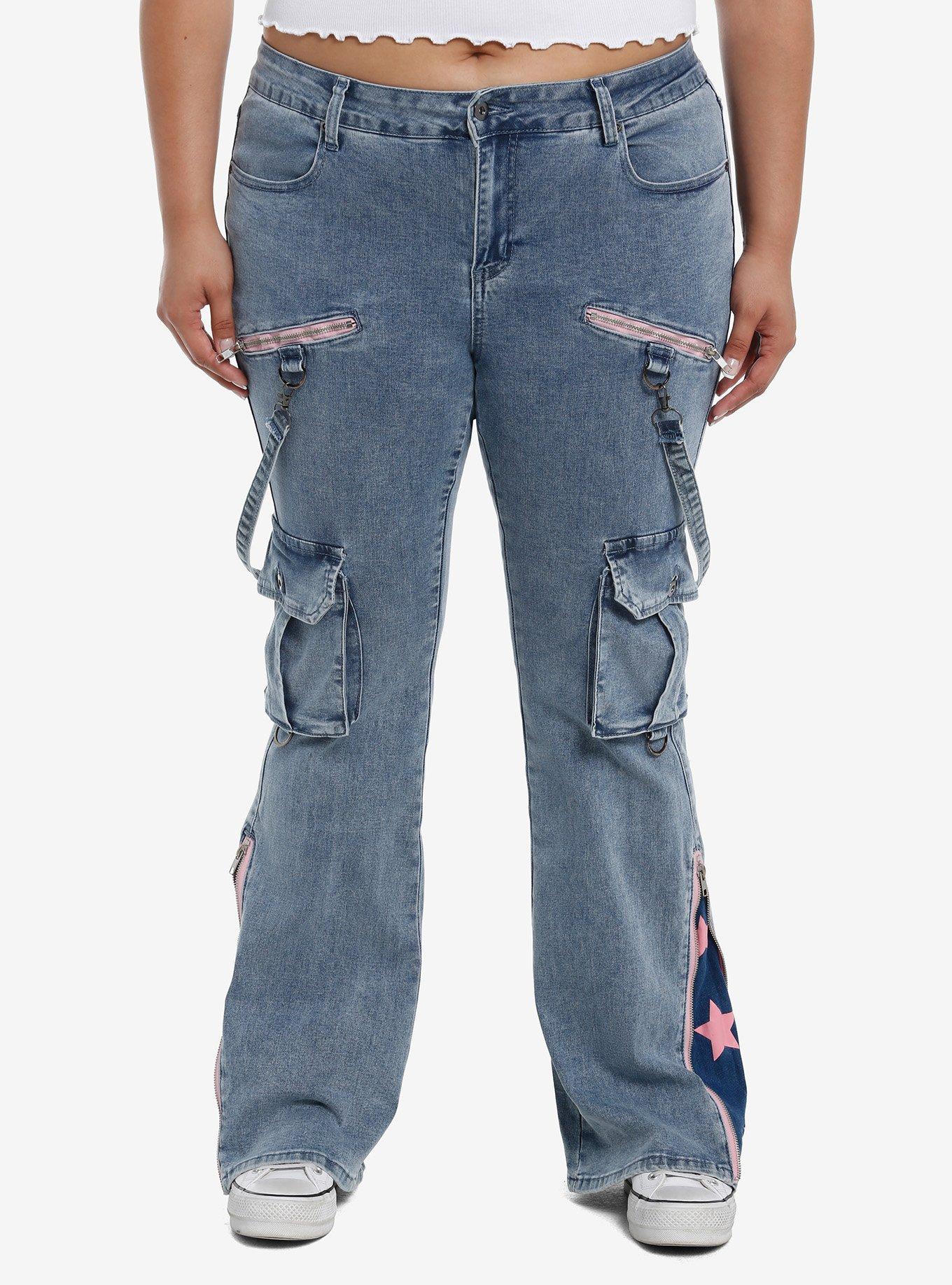 Pink Star Suspender Low Rise Jeans Plus Size, , hi-res