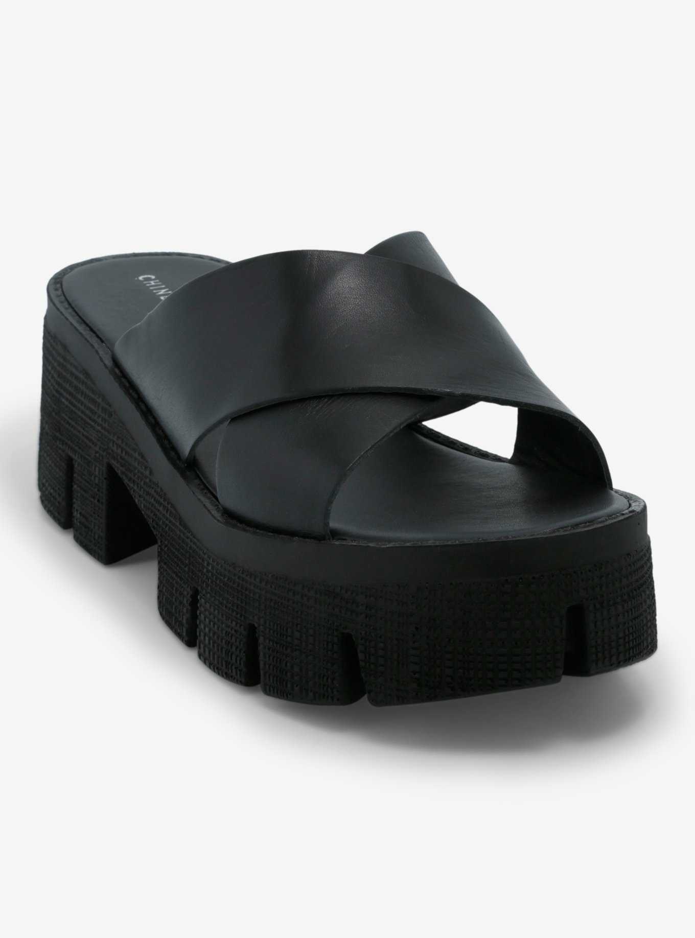 Chinese Laundry Black Crisscross Platform Sandals, , hi-res