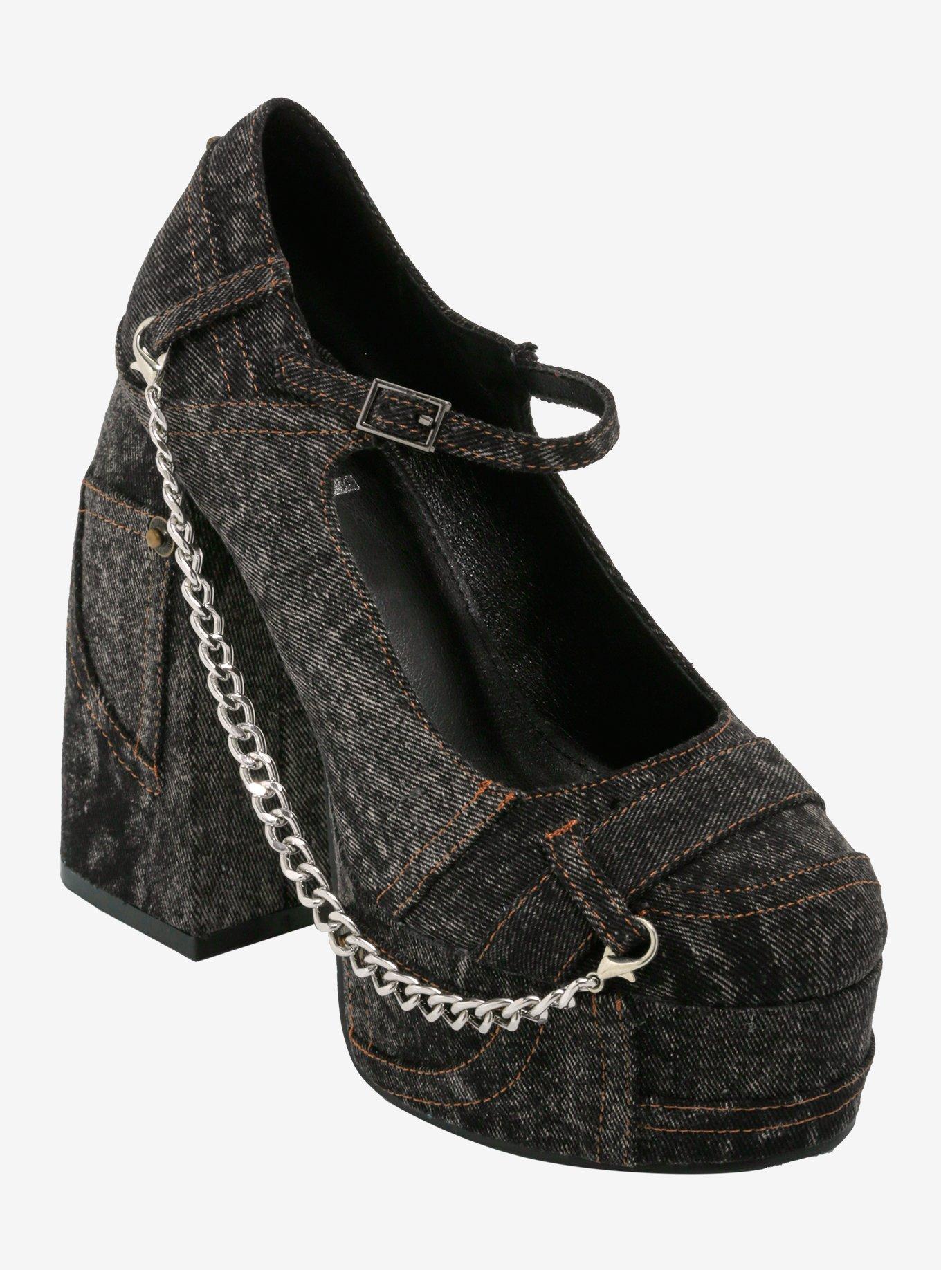 Koi Faded Black Denim Platform Heels, BLACK, hi-res