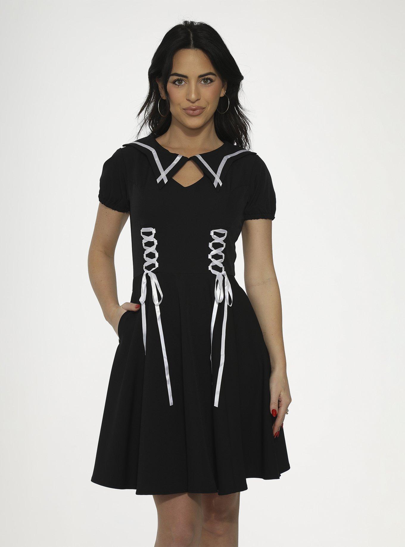 Black White Trim Dress, BLACK  WHITE, hi-res