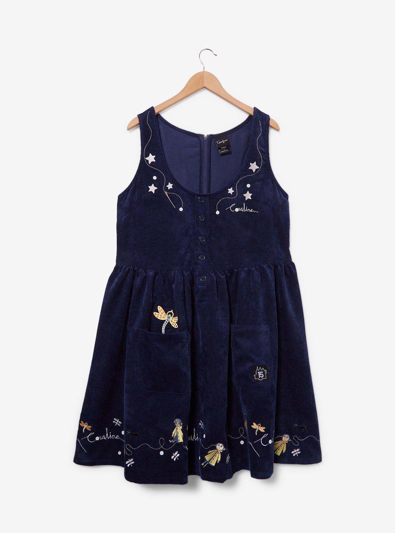 Coraline Embroidered Icons Corduroy Plus Size Tank Dress - BoxLunch Exclusive, DARK BLUE, hi-res