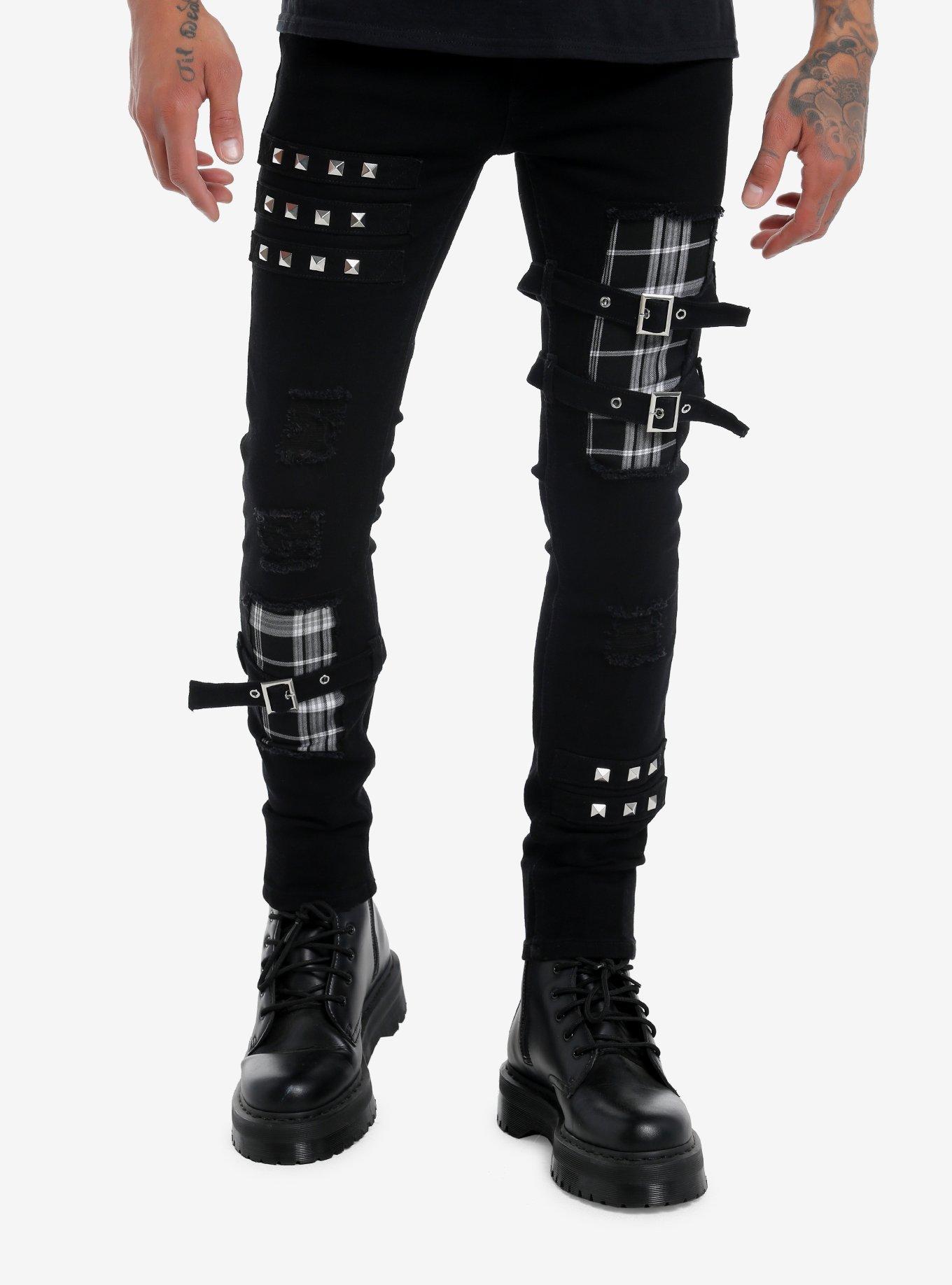 Black & White Plaid Patch Stinger Jeans, , hi-res