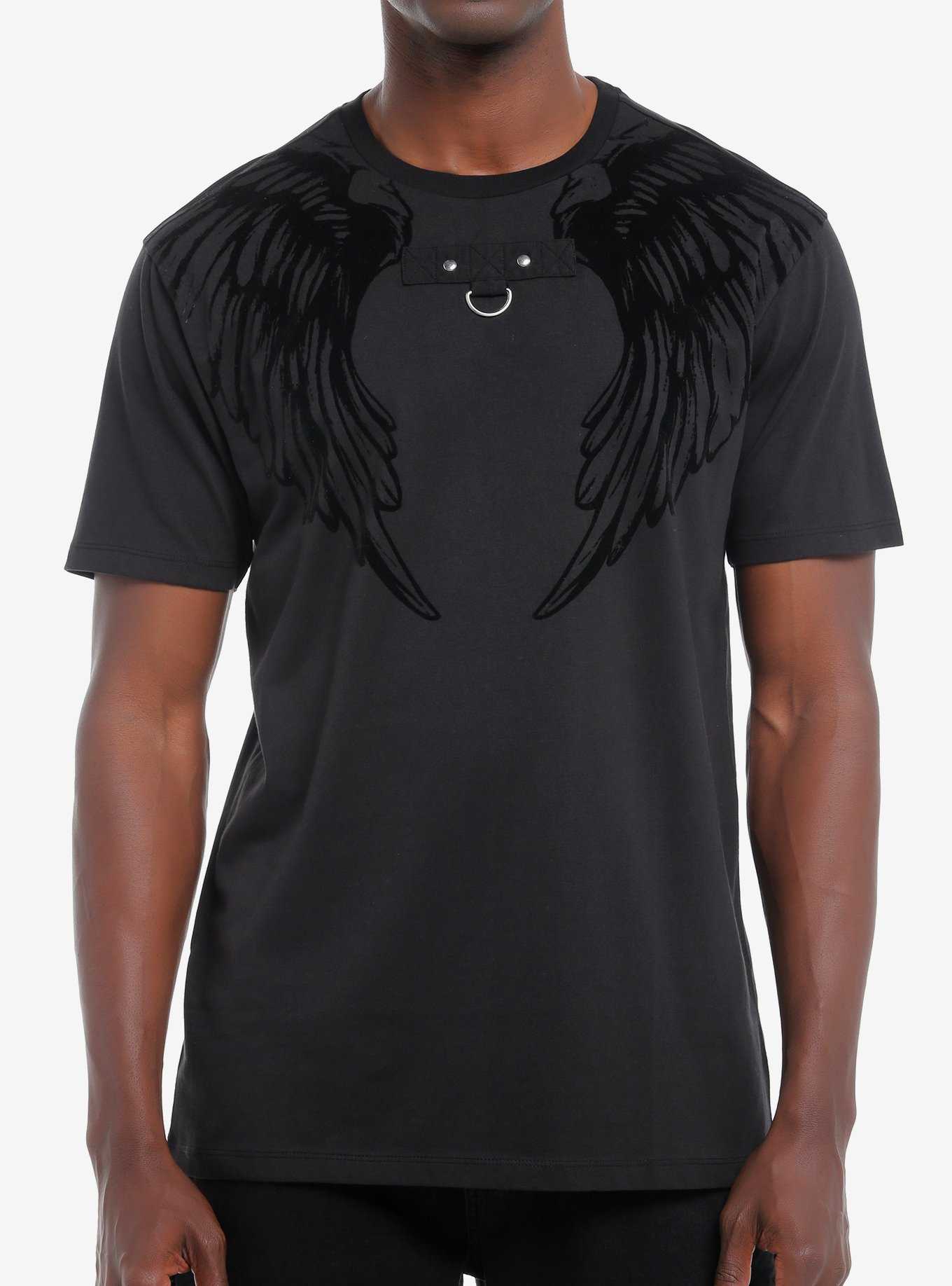 Social Collision Angel Wings Flocked Black T-Shirt, , hi-res