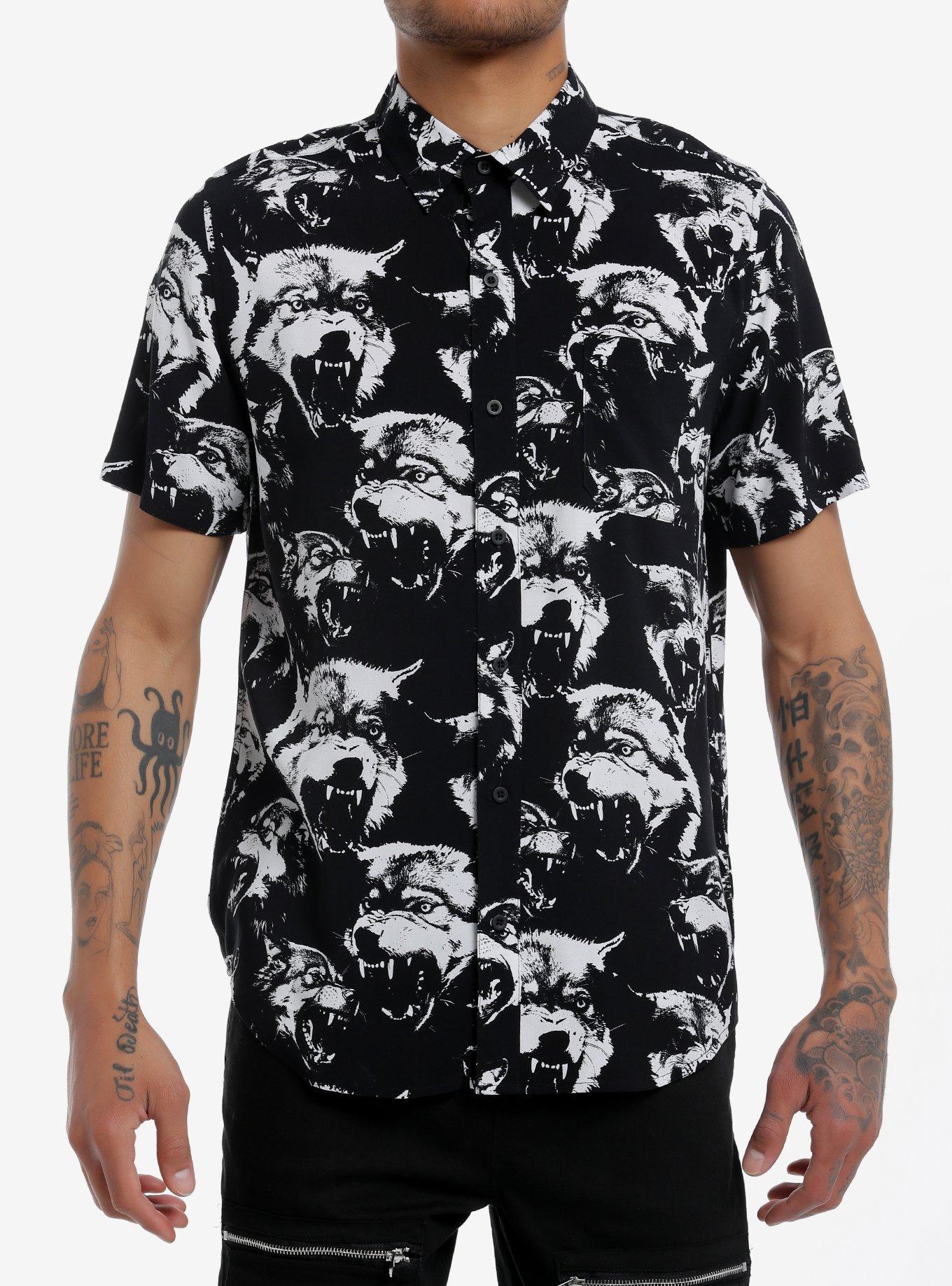 Black & White Wolf Woven Button-Up, , hi-res