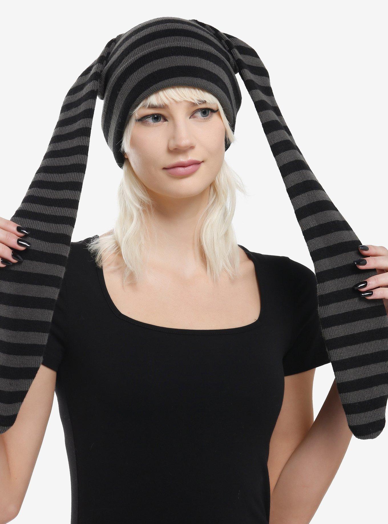 Black & Grey Stripe Long Bunny Ear Beanie, , hi-res