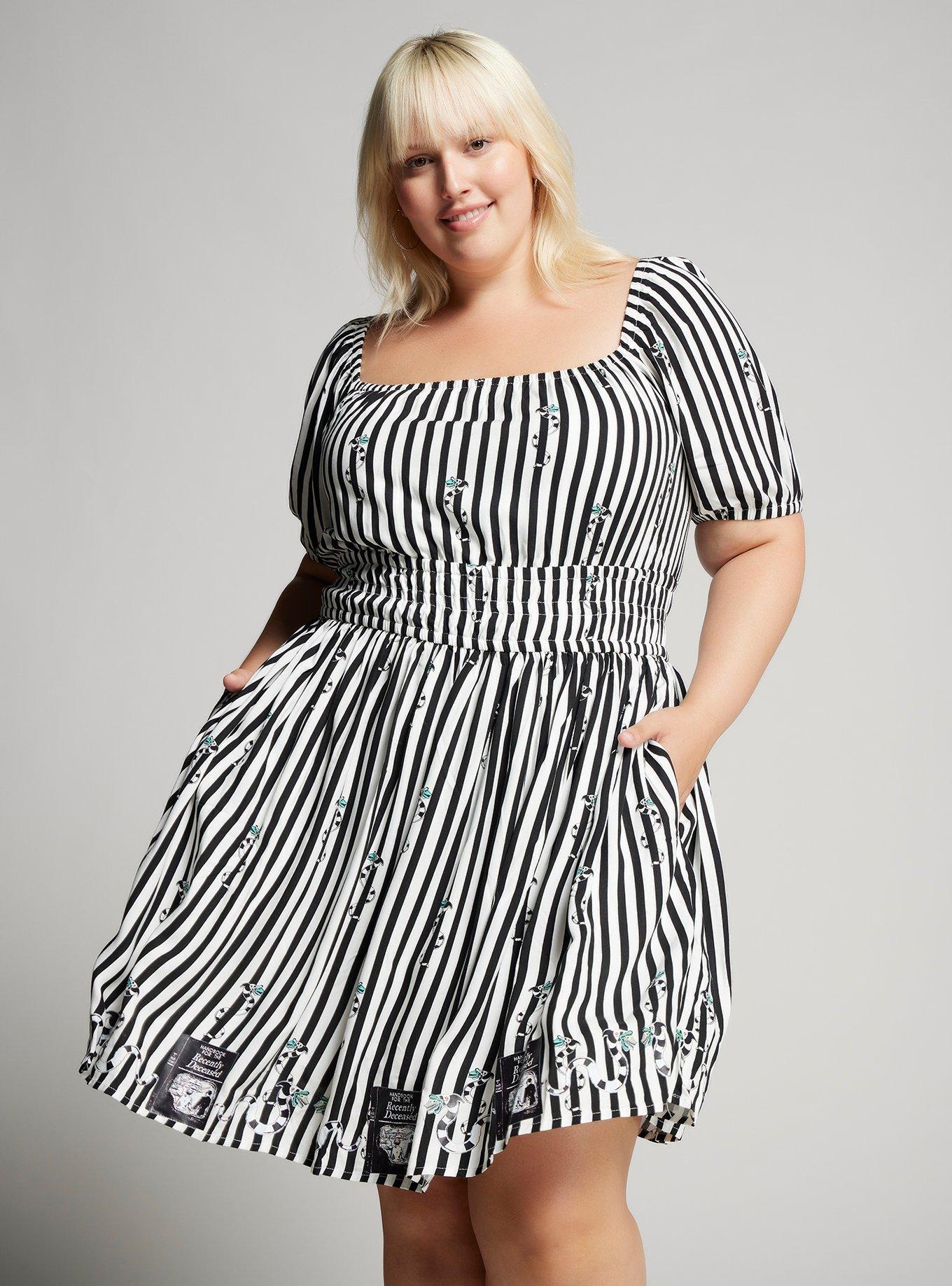 Beetlejuice Sandworm Allover Print Stripe Dress Plus Size, BLACK  WHITE, hi-res