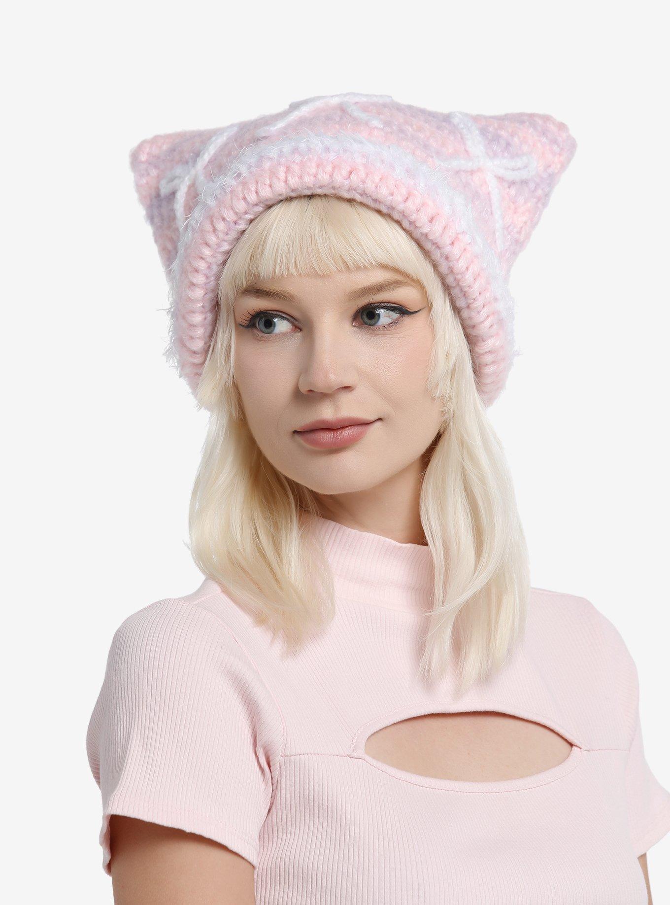 Pink Lavender Crochet Bow Cat Ear Beanie, , hi-res