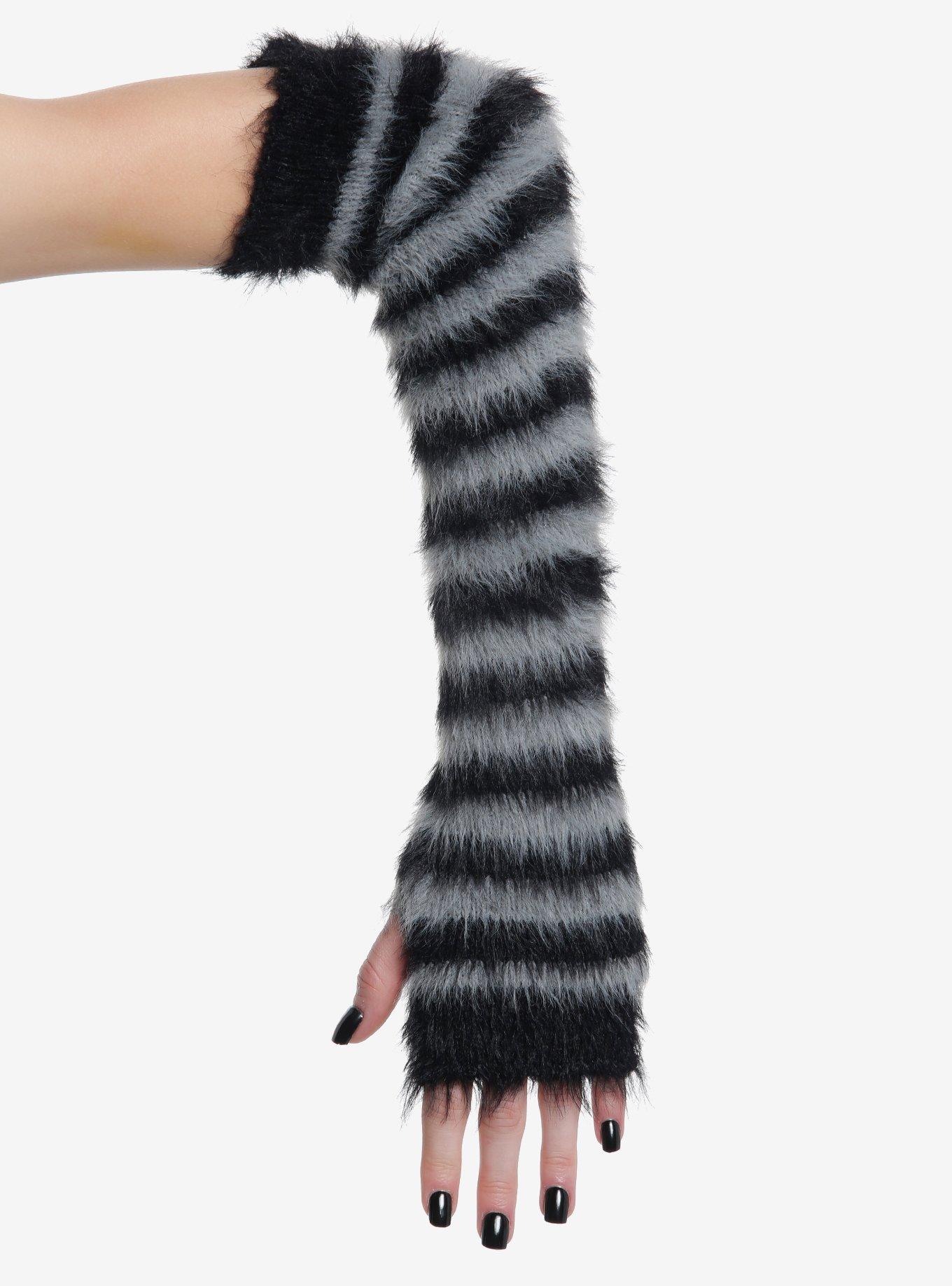 Black & Grey Stripe Fuzzy Arm Warmers, , hi-res