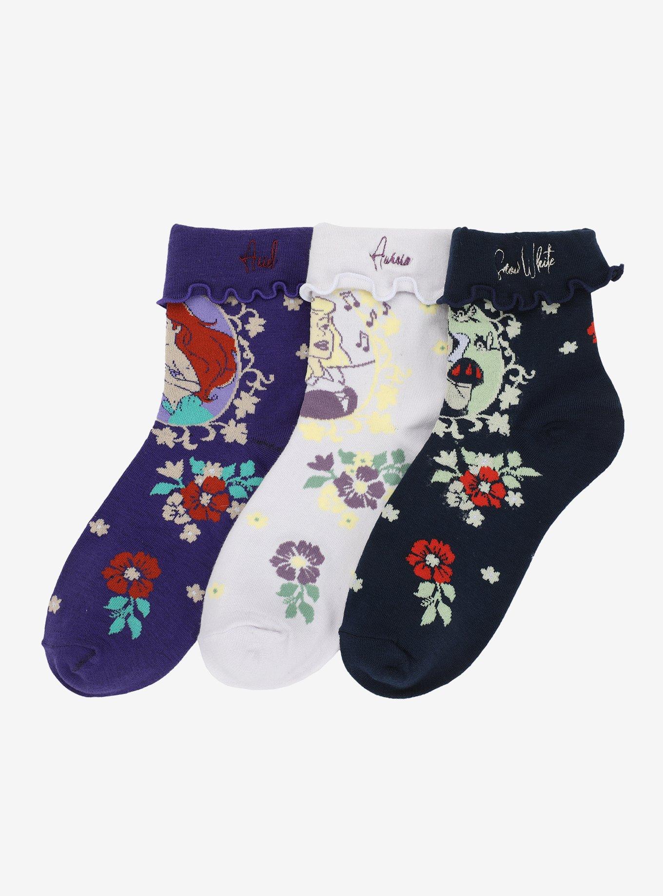 Disney Princess Floral Lettuce Hem Crew Socks 3 Pair, , hi-res