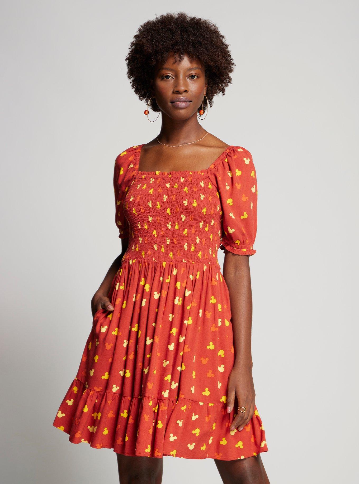Her Universe Disney Mickey Mouse Sunset Allover Print Dress &mdash; BoxLunch Exclusive, RUST, hi-res