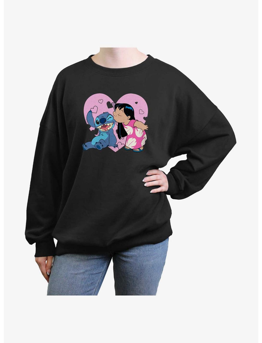Disney Lilo & Stitch Valentines Kisses Womens Oversized Sweatshirt, BLACK, hi-res