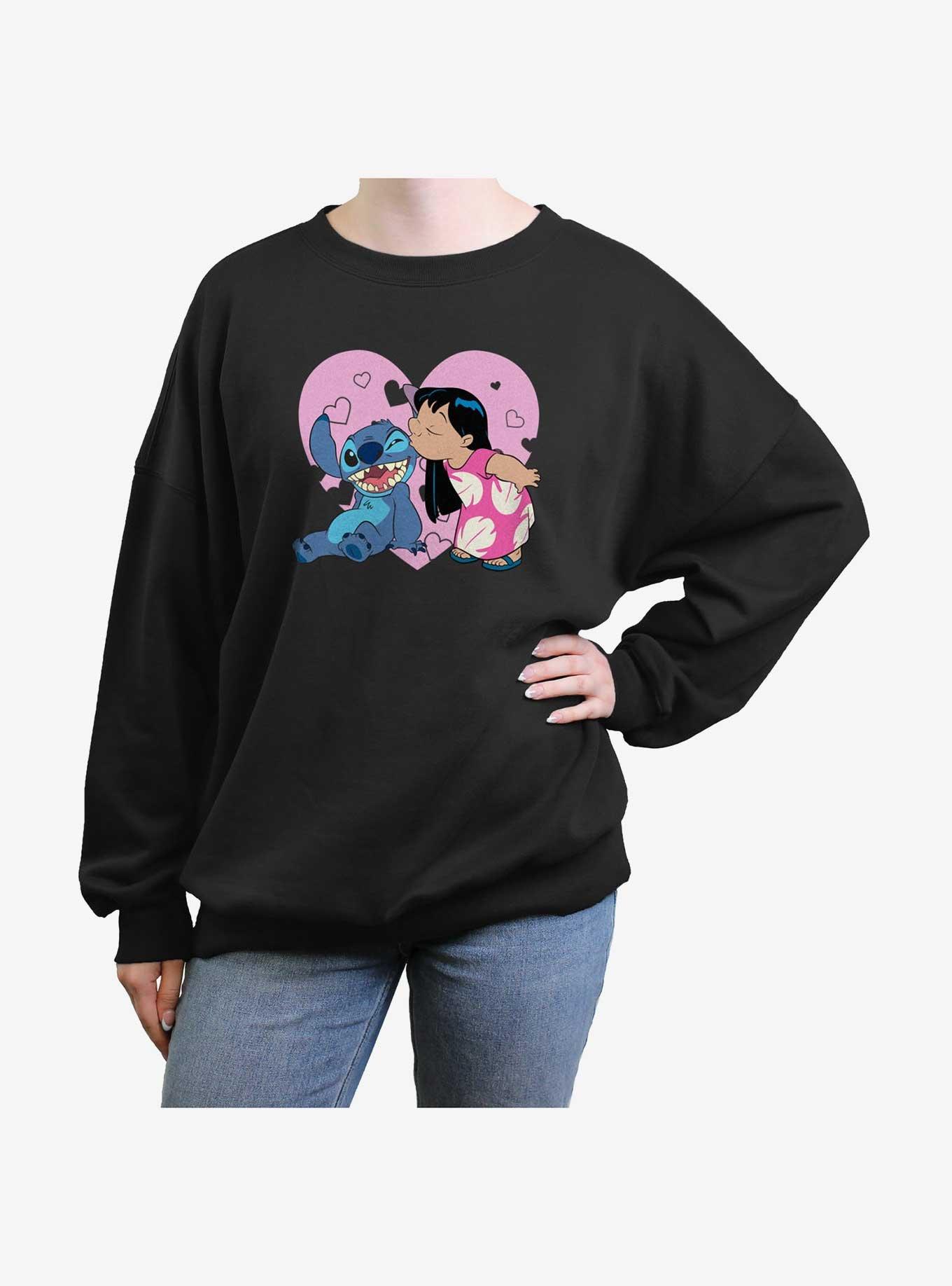 Disney Lilo & Stitch Valentines Kisses Womens Oversized Sweatshirt, BLACK, hi-res