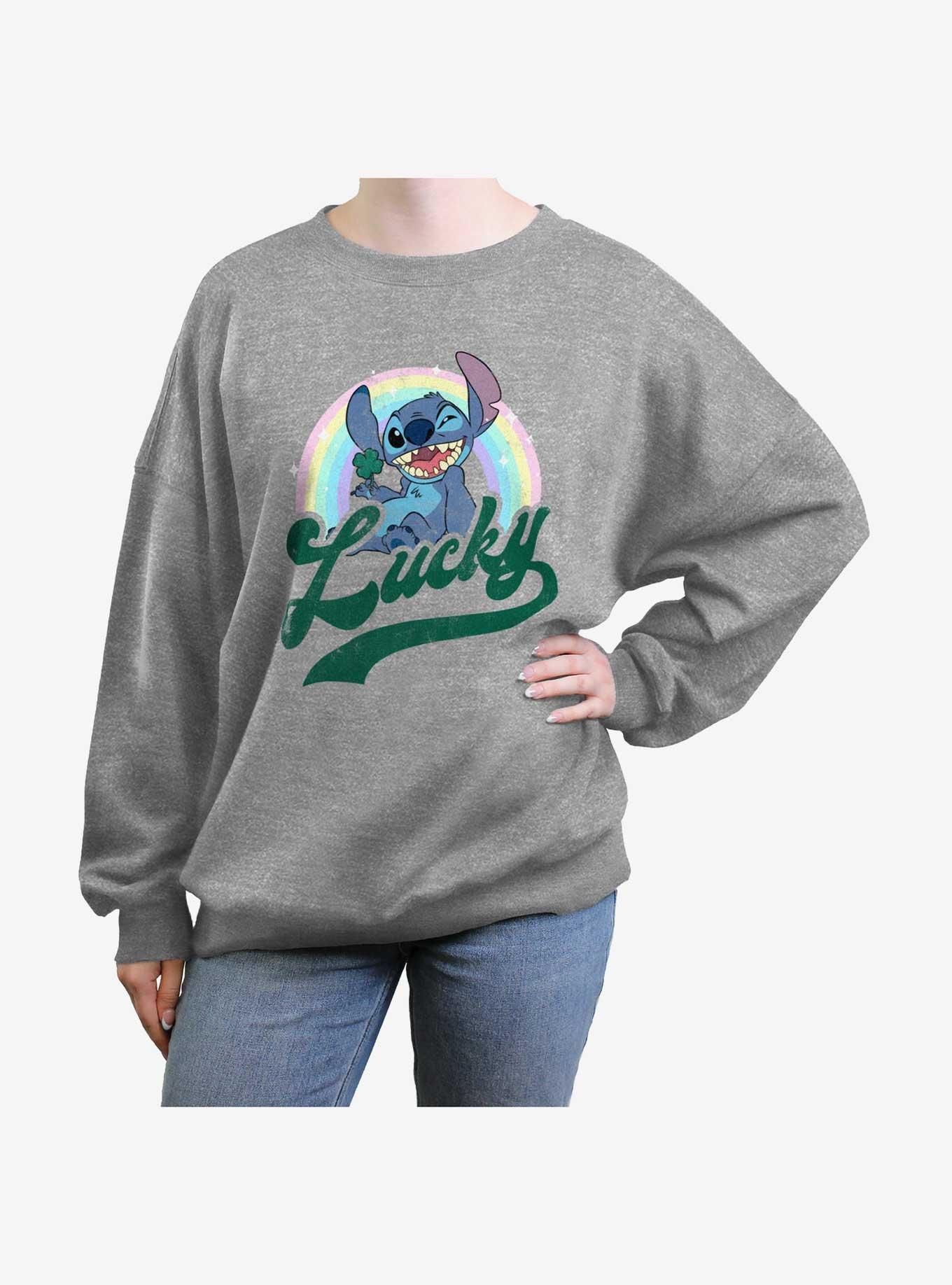 Disney Lilo & Stitch Lucky Rainbow Womens Oversized Sweatshirt, HEATHER GR, hi-res