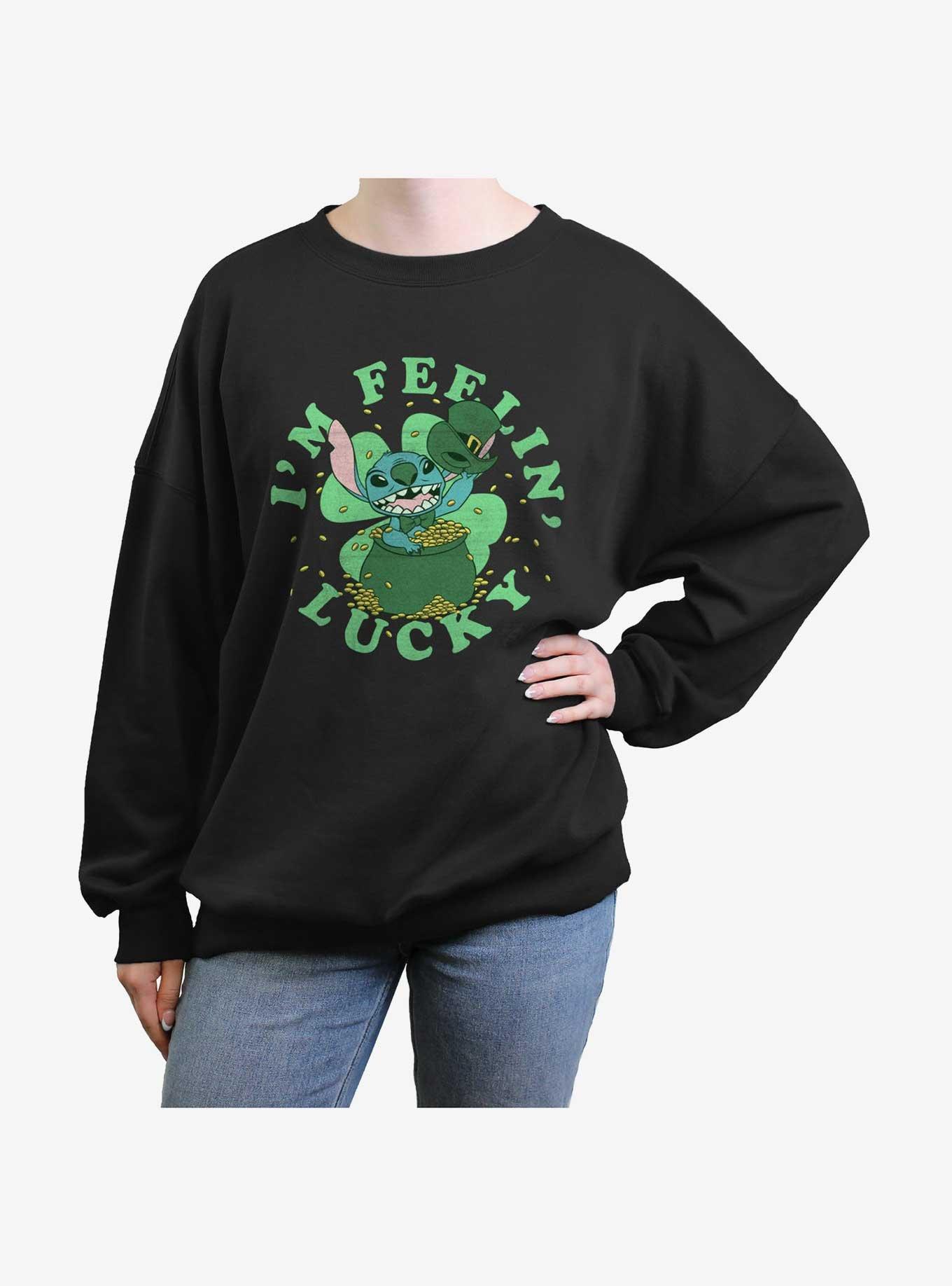 Disney Lilo & Stitch I'm Feelin Lucky Womens Oversized Sweatshirt, BLACK, hi-res