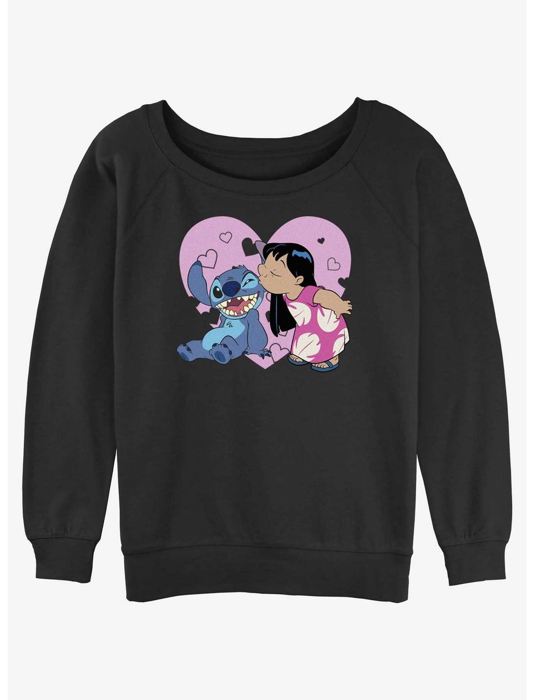 Disney Lilo & Stitch Valentines Kisses Womens Slouchy Sweatshirt, BLACK, hi-res