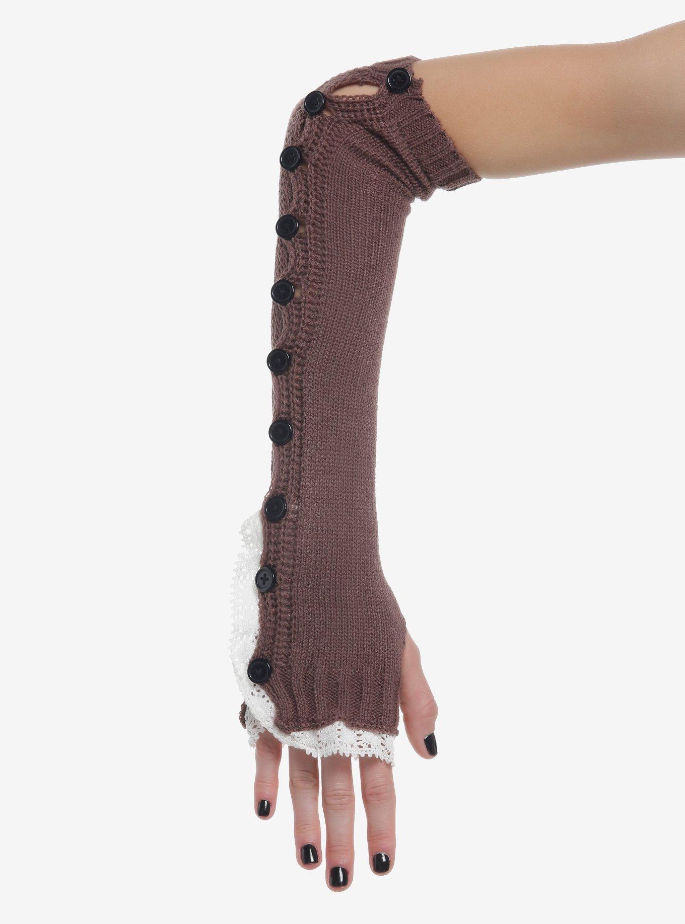 White Lace Brown Knit Arm Warmers, , hi-res
