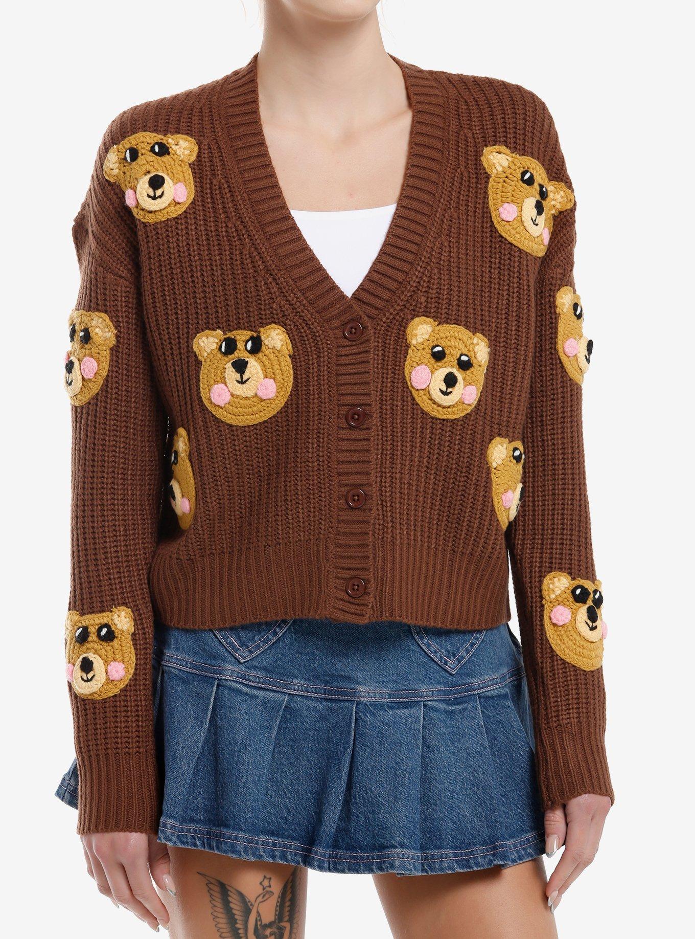 Thorn & Fable Brown Teddy Bear Knit Girls Cardigan, , hi-res